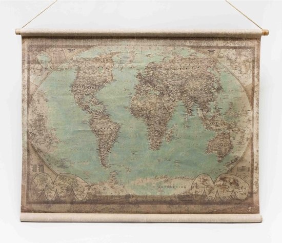 Wereldkaart linnen met houten | Van Manen | 8713219332399 De Zwerver