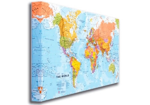 evenwichtig werkelijk Druipend Wereldkaart op canvas, politiek 116 x 81 cm | Maps International |  9781904892311 | Reisboekwinkel De Zwerver