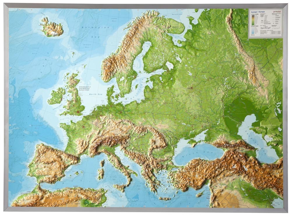 Wandkaart - Reliëfkaart Europa met voelbaar 3D reliëf, 77 x 55 x 2 cm GeoRelief | 4280000664396 Reisboekwinkel Zwerver