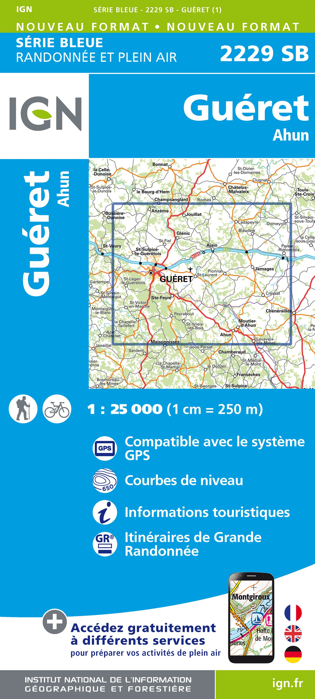 Online bestellen: Wandelkaart - Topografische kaart 2229 SB - Serie Bleue Ahun - Gueret | IGN - Institut Géographique National