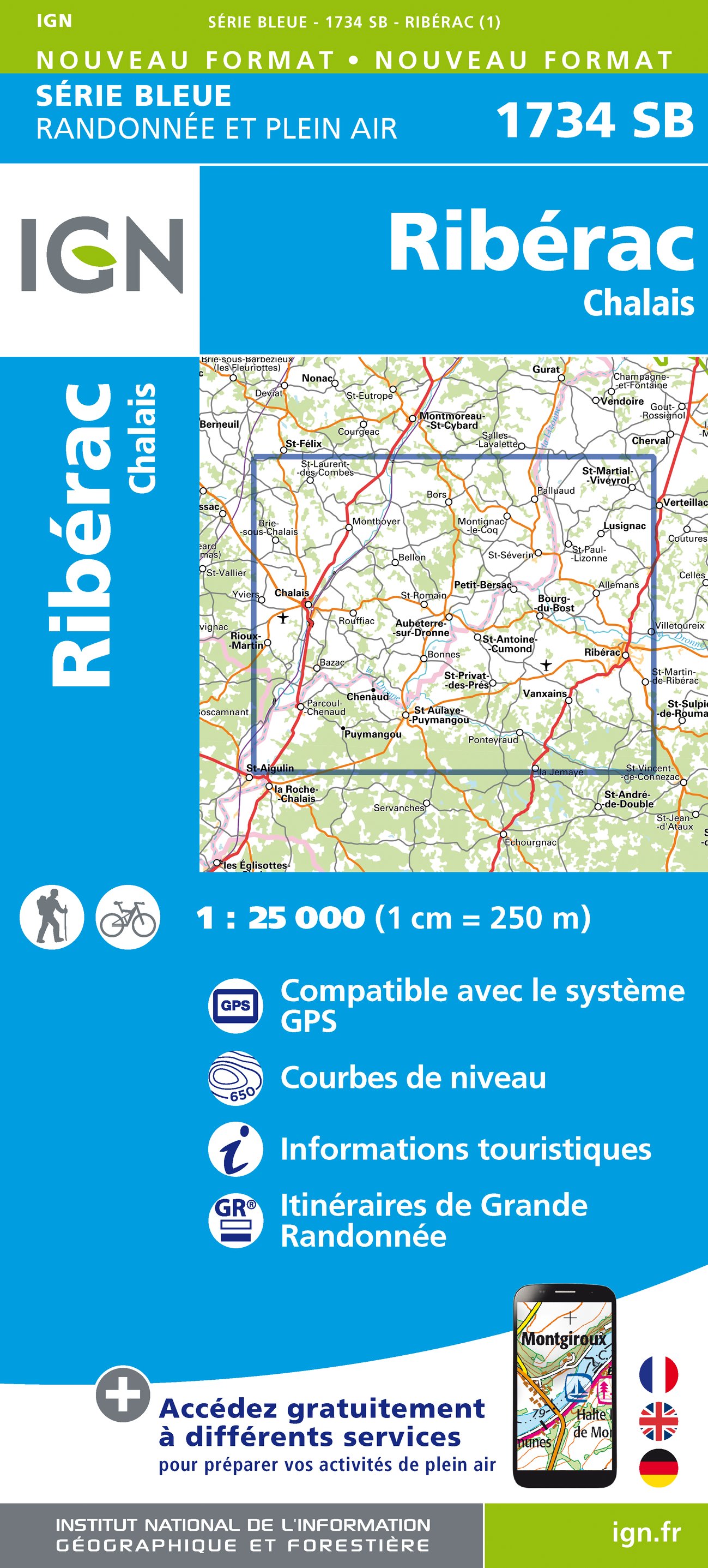 Online bestellen: Wandelkaart - Topografische kaart 1734 SB - Serie Bleue Ribérac - Chalais | IGN - Institut Géographique National