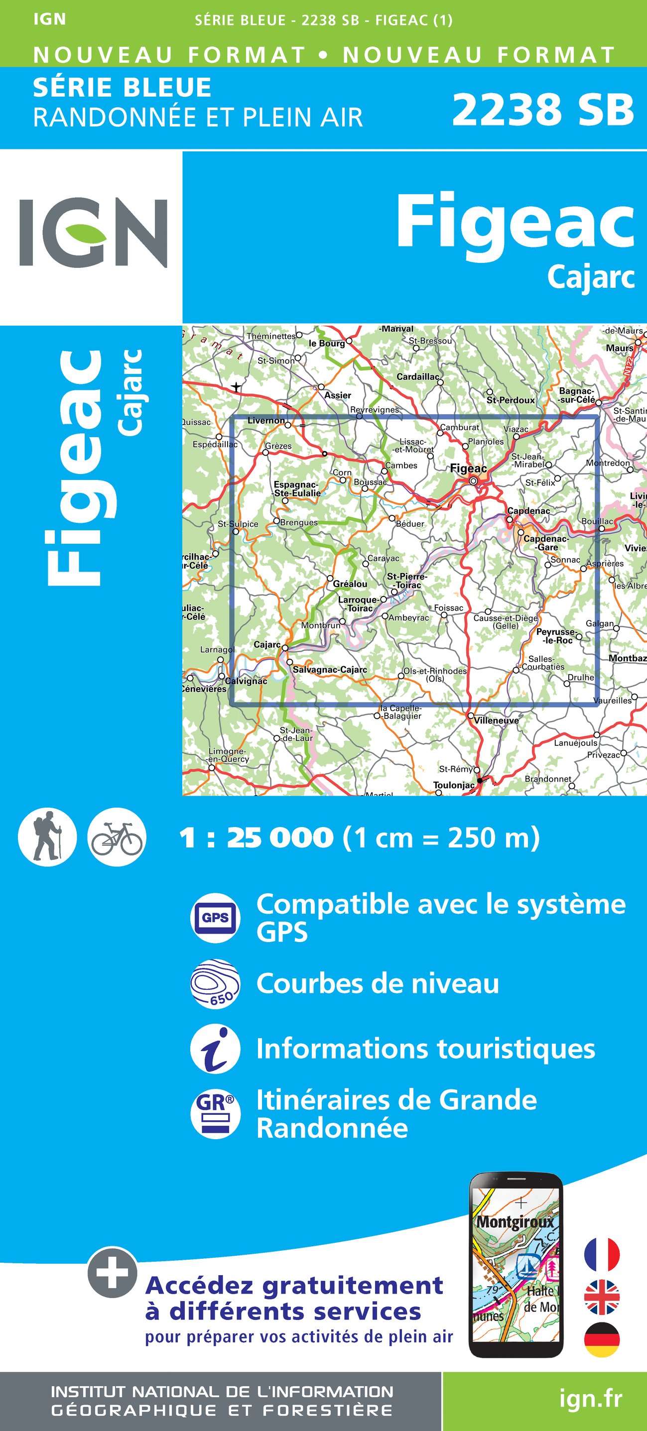 Online bestellen: Wandelkaart - Topografische kaart 2238 SB - Serie Bleue Figeac | IGN - Institut Géographique National