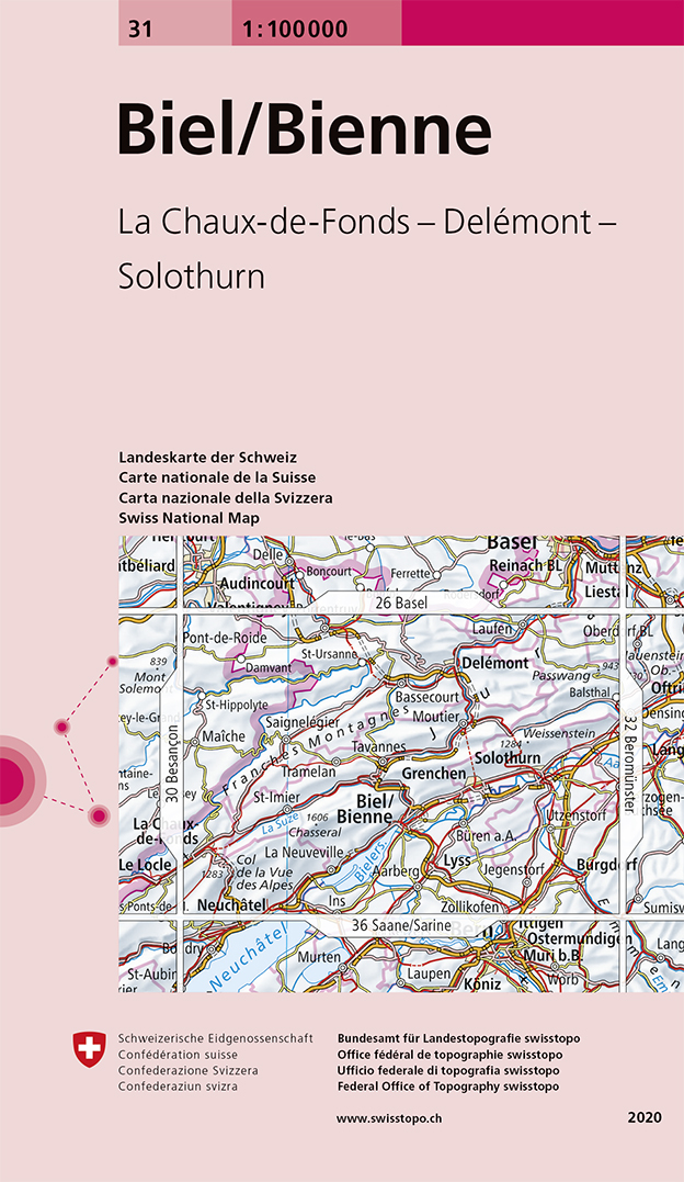 Online bestellen: Fietskaart - Topografische kaart - Wegenkaart - landkaart 31 Biel/Bienne | Swisstopo