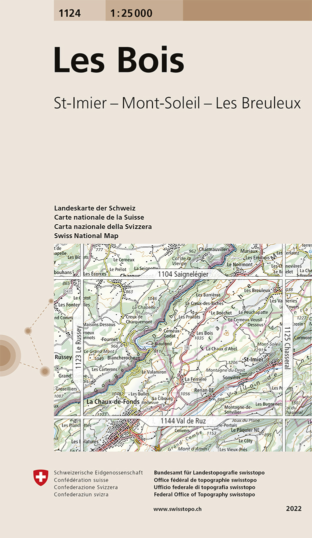 Online bestellen: Wandelkaart - Topografische kaart 1124 Les Bois | Swisstopo