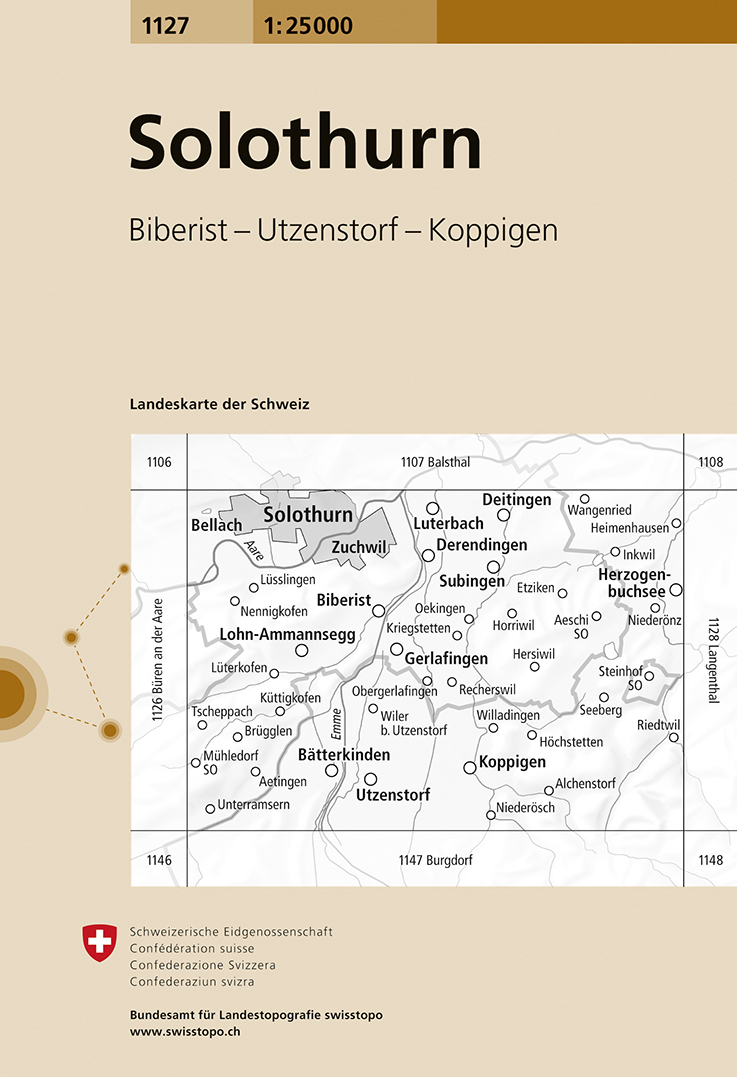 Online bestellen: Wandelkaart - Topografische kaart 1127 Solothurn | Swisstopo