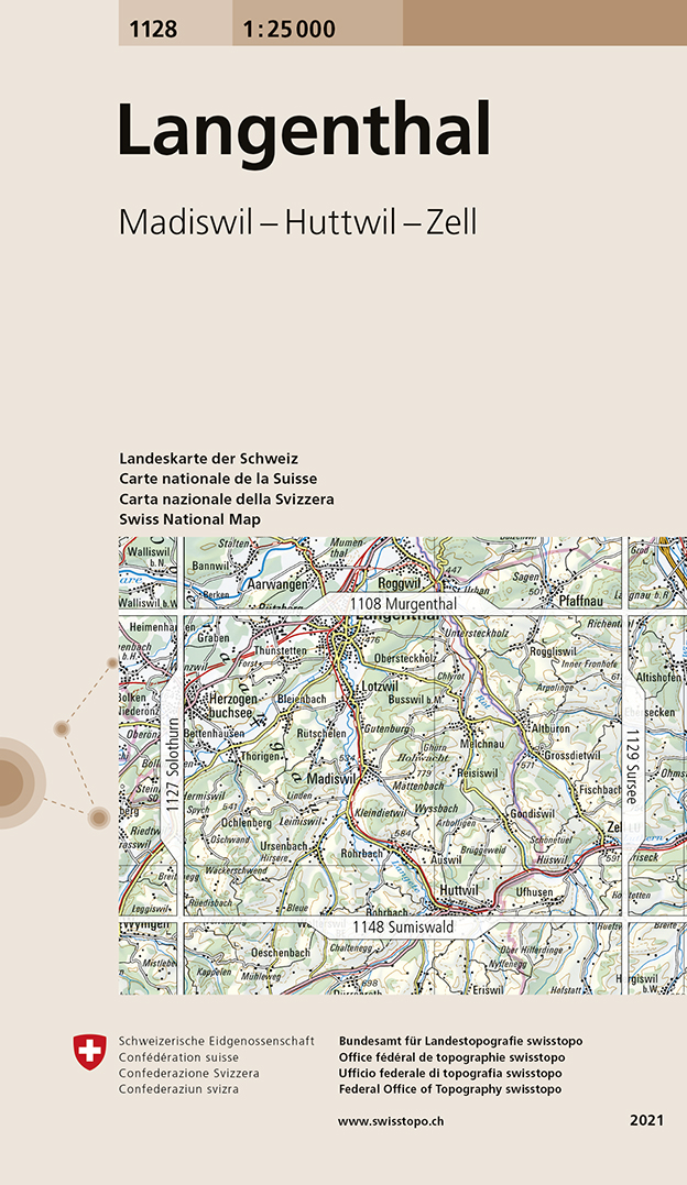 Online bestellen: Wandelkaart - Topografische kaart 1128 Langenthal | Swisstopo