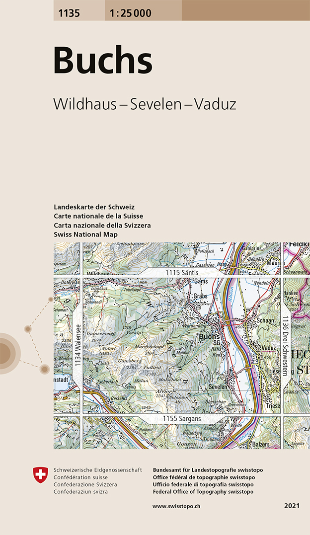 Online bestellen: Wandelkaart - Topografische kaart 1135 Buchs | Swisstopo