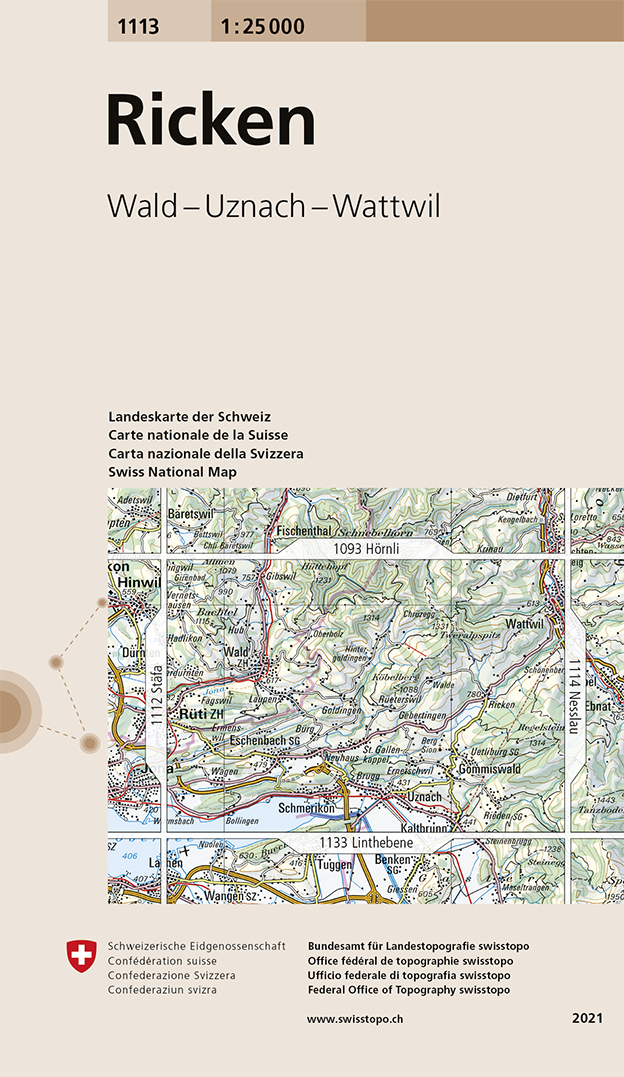 Online bestellen: Wandelkaart - Topografische kaart 1113 Ricken | Swisstopo