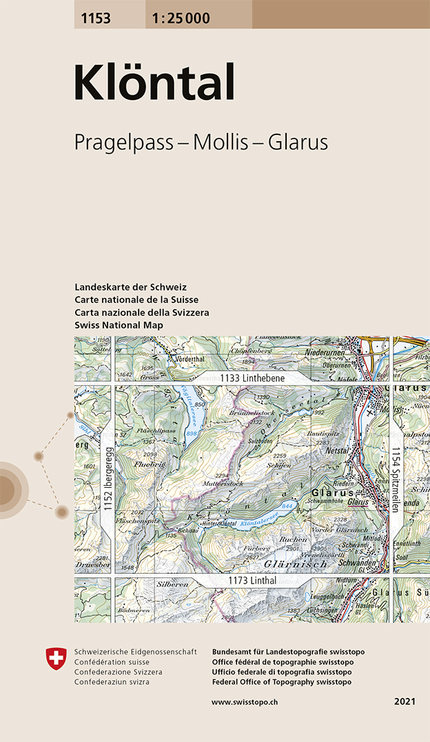 Online bestellen: Wandelkaart - Topografische kaart 1153 Klöntal | Swisstopo