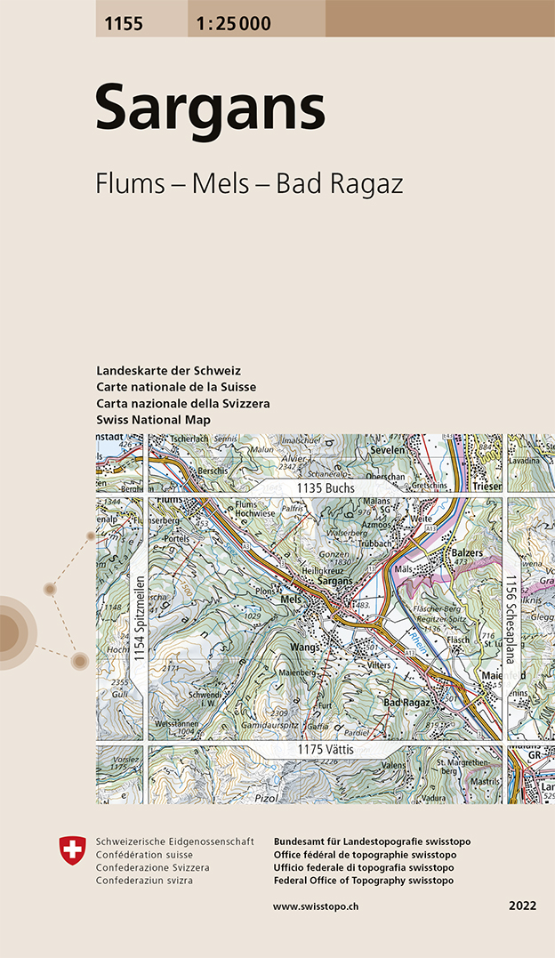 Online bestellen: Wandelkaart - Topografische kaart 1155 Sargans | Swisstopo