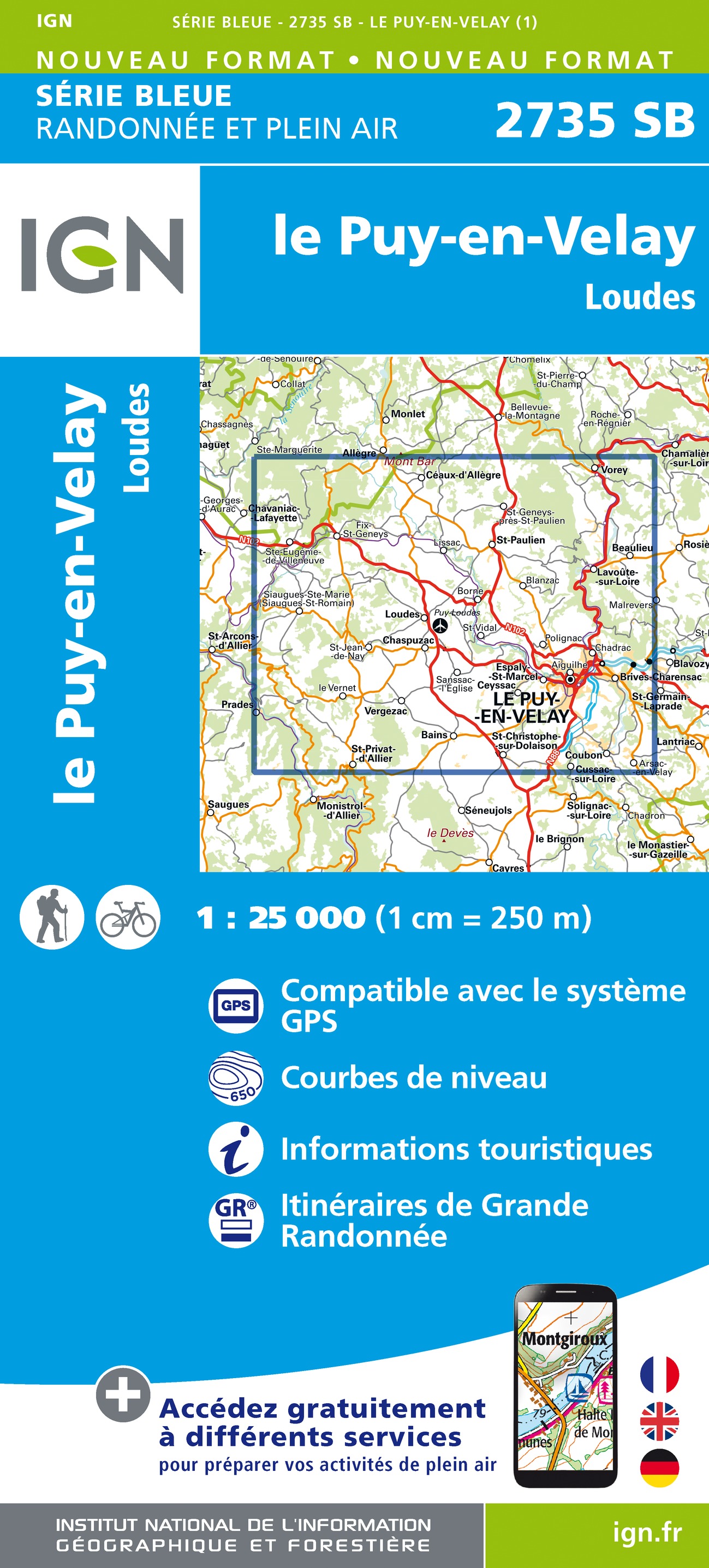 Online bestellen: Wandelkaart - Topografische kaart 2735 SB - Serie Bleue Loudes, Le Puy-en-Velay | IGN - Institut Géographique National