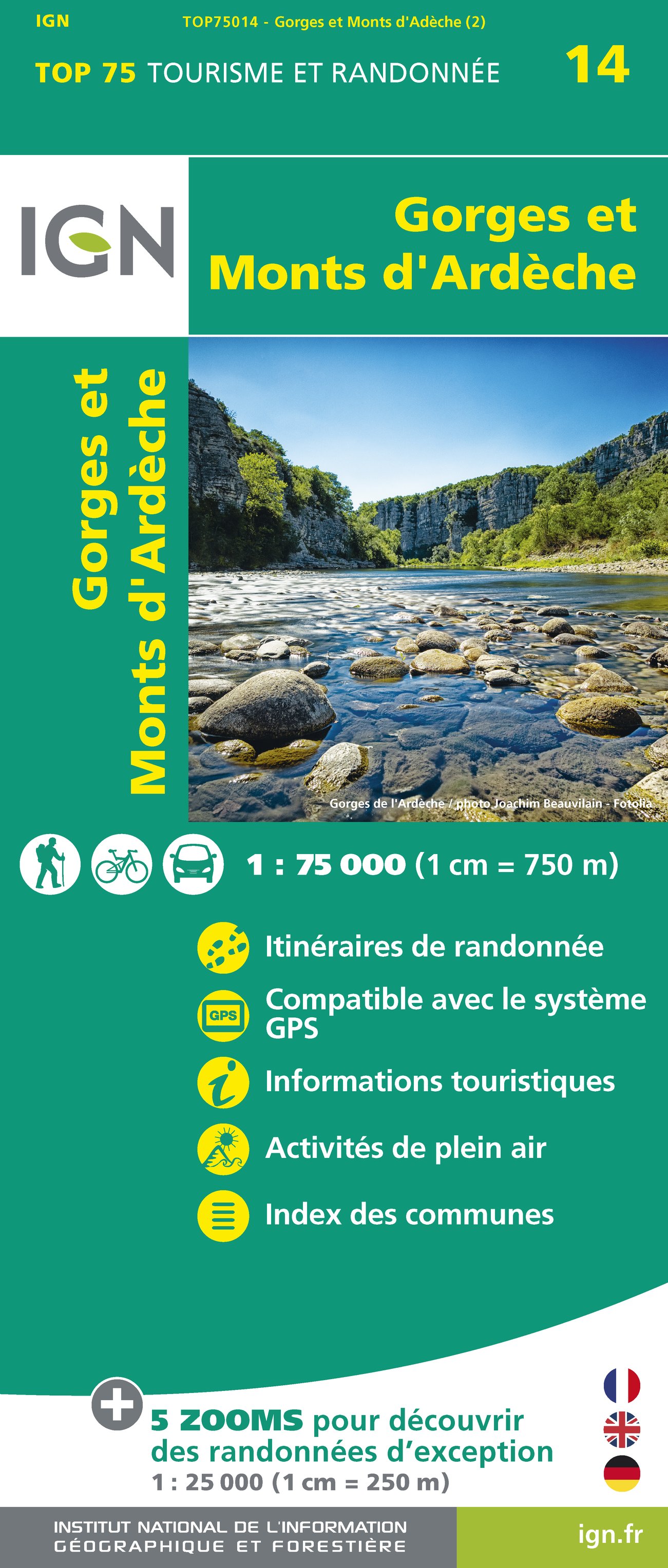 Online bestellen: Fietskaart - Wandelkaart 75014 Gorges et Monts d'Ardèche - Ardeche | IGN - Institut Géographique National