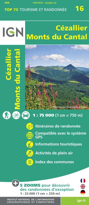 Online bestellen: Wandelkaart - Fietskaart 75016 Cézallier - Monts du Cantal | IGN - Institut Géographique National