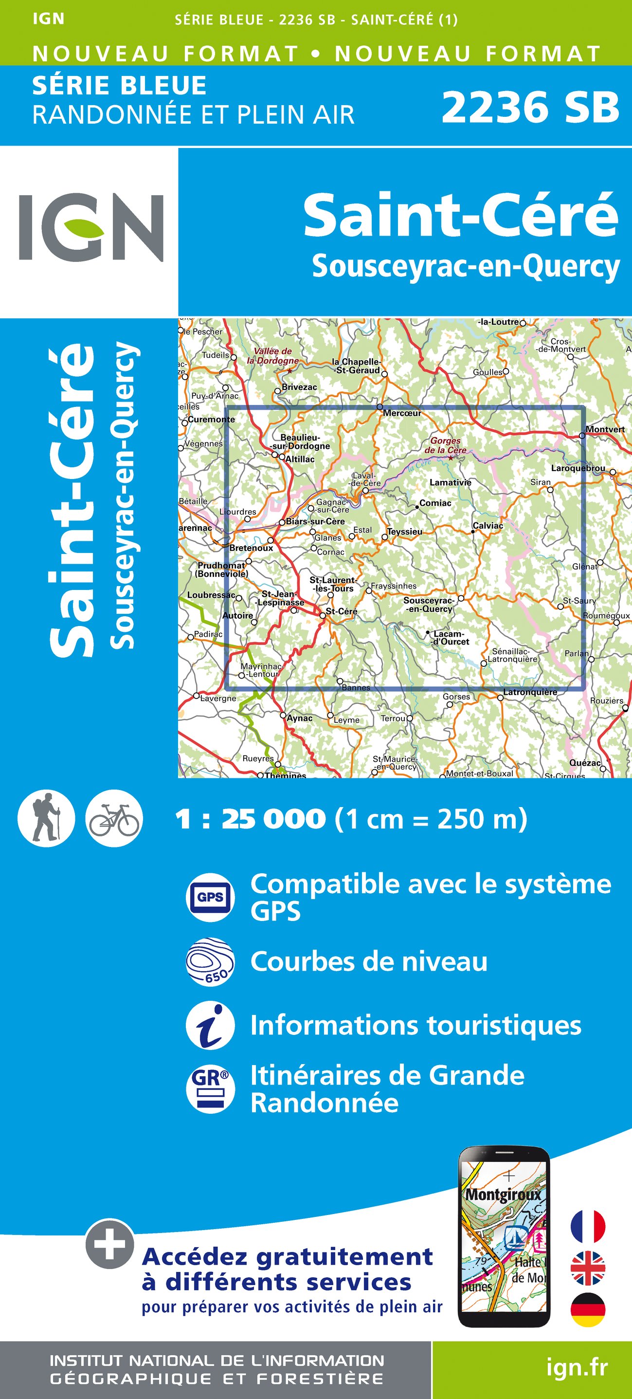 Online bestellen: Wandelkaart - Topografische kaart 2236 SB - Serie Bleue Saint-Céré, Sousceyrac-en-Quercy | IGN - Institut Géographique National