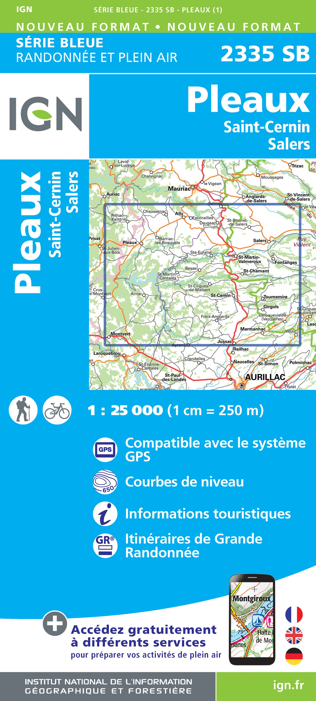 Online bestellen: Wandelkaart - Topografische kaart 2335 SB - Serie Bleue St-Cernin, Salers, Pleaux | IGN - Institut Géographique National