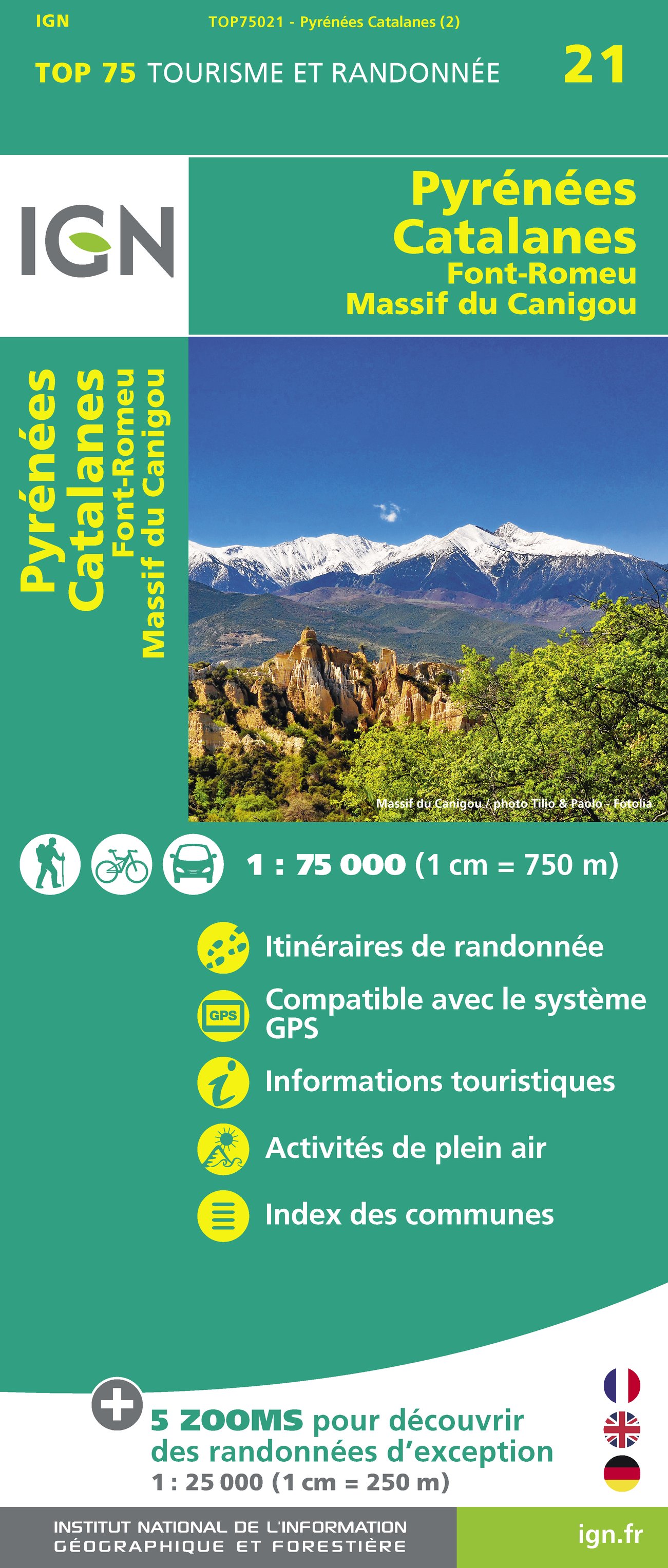 Online bestellen: Fietskaart - Wandelkaart 75021 Pyrenees Catalanes, Font Romeu, Massif Canigou Map | IGN - Institut Géographique National