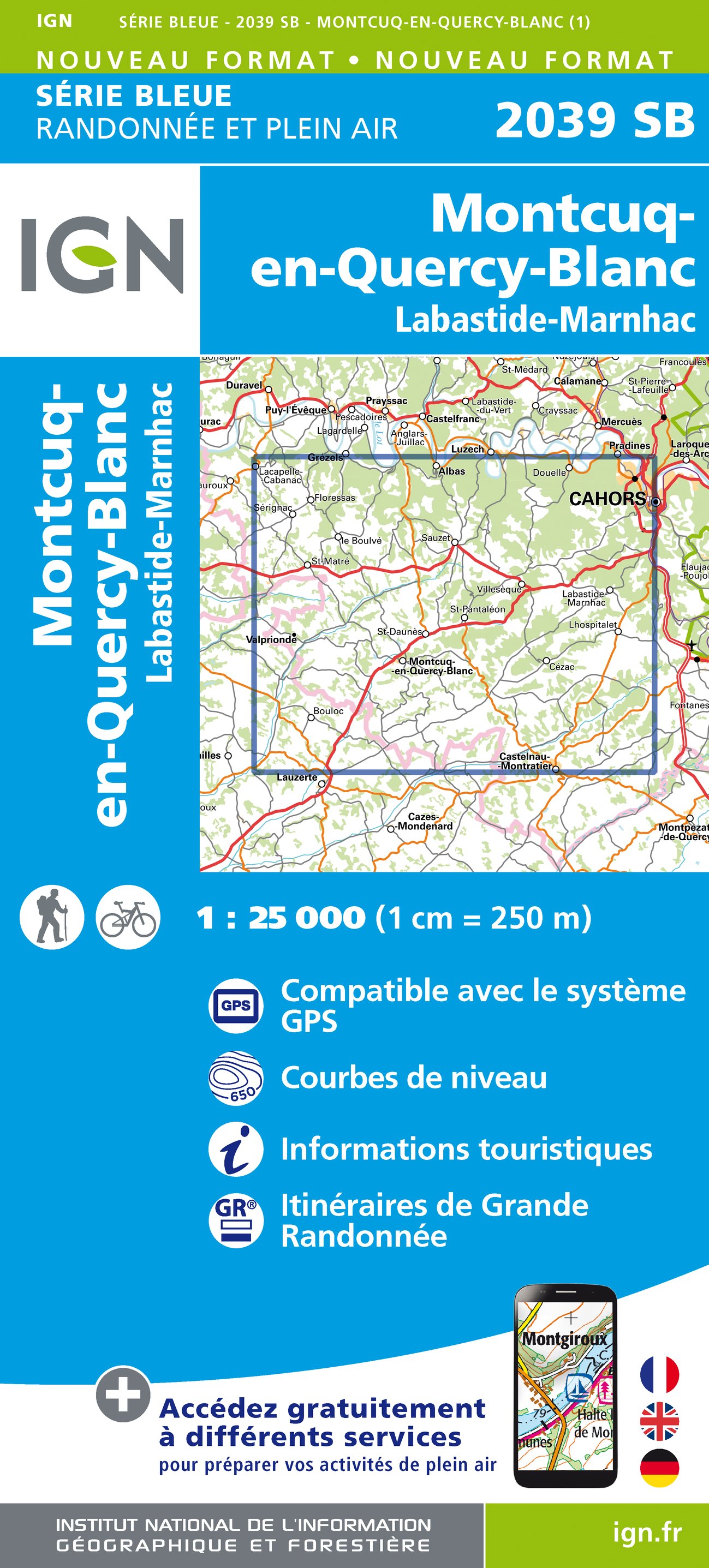 Online bestellen: Wandelkaart - Topografische kaart 2039 SB - Serie Bleue Montcuq-en-Quercy-Blanc, Labastide-Marnhac | IGN - Institut Géographique National