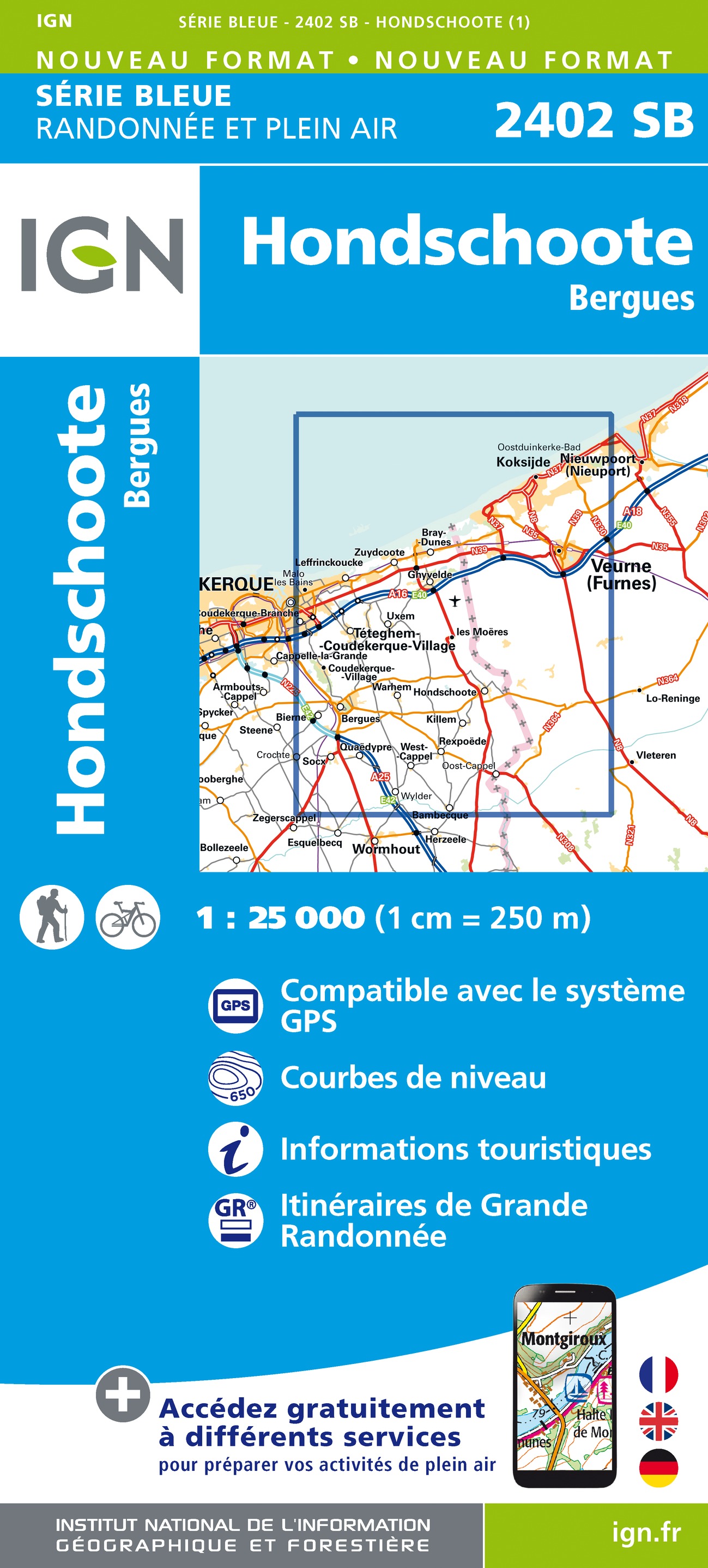 Online bestellen: Wandelkaart - Topografische kaart 2402 SB - Serie Bleue Hondschoote - Bergues | IGN - Institut Géographique National