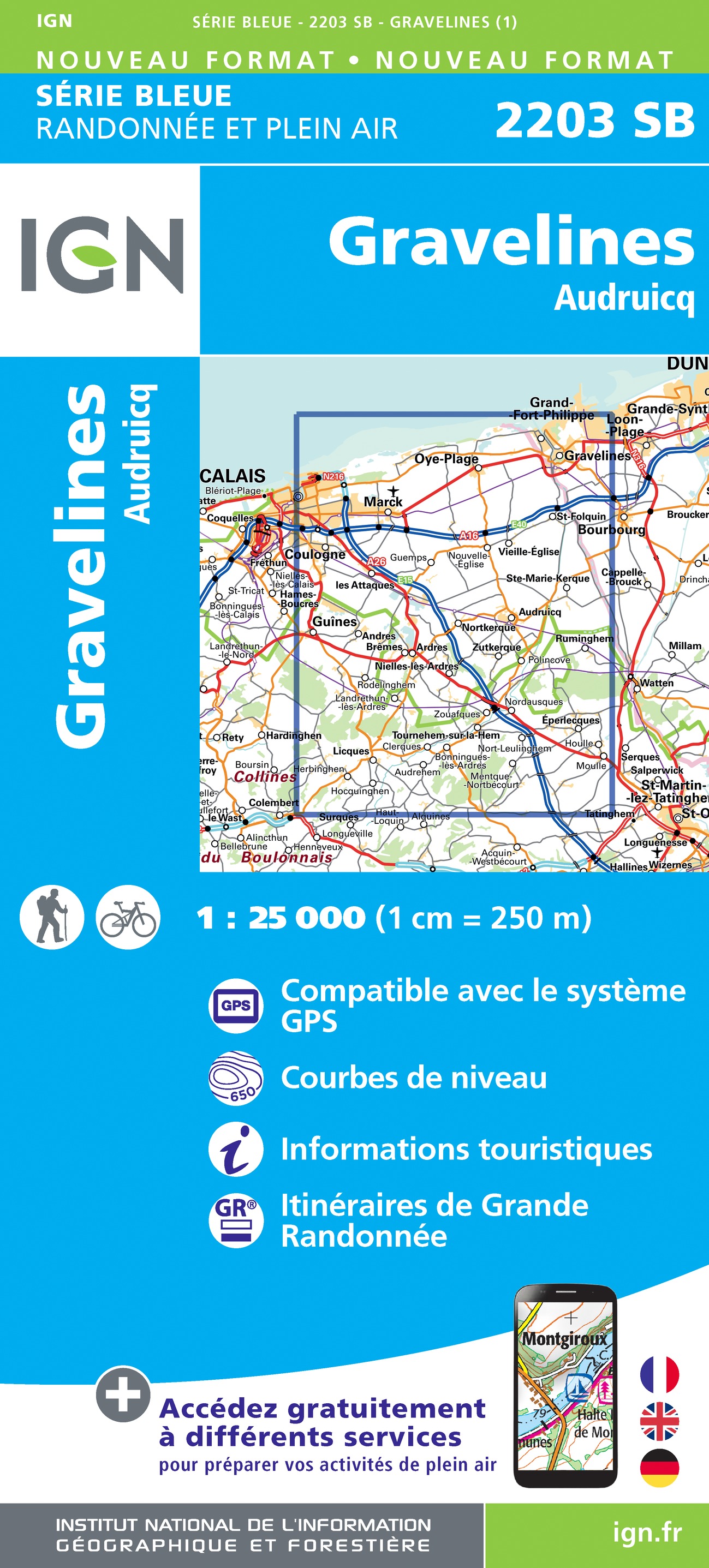 Online bestellen: Wandelkaart - Topografische kaart 2203 SB - Serie Bleue Gravelines - Andruicq | IGN - Institut Géographique National