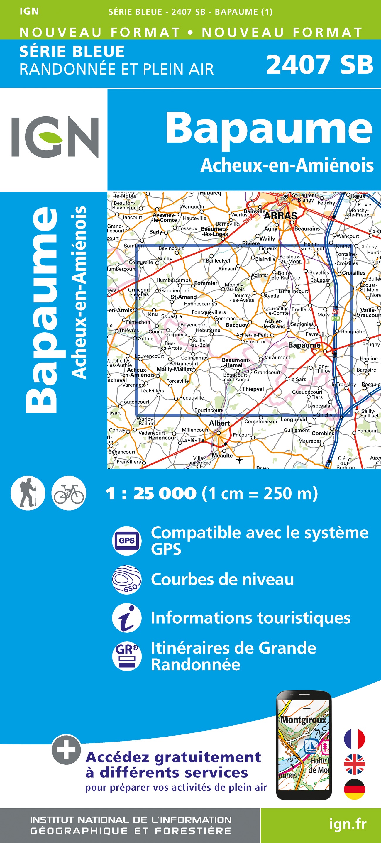 Online bestellen: Wandelkaart - Topografische kaart 2407 SB - Serie Bleue Bapaume, Acheux-en-Amiénois | IGN - Institut Géographique National