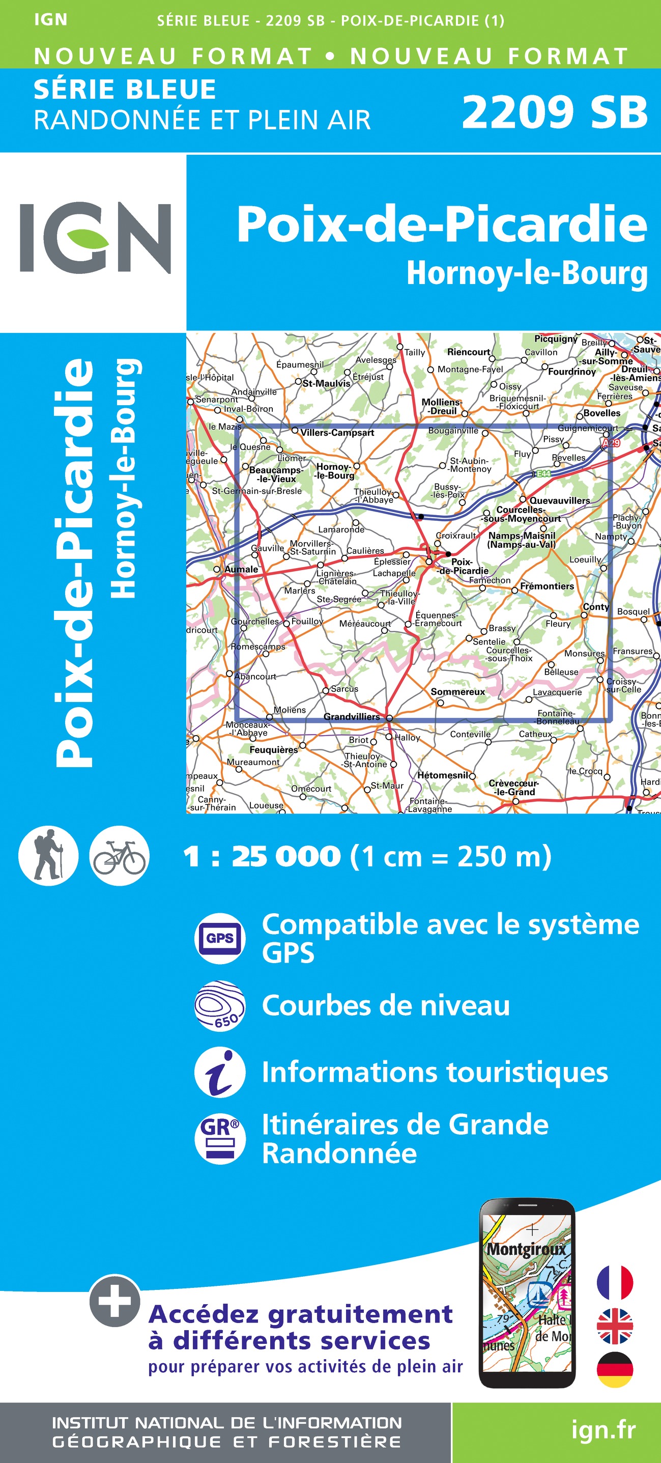 Online bestellen: Wandelkaart - Topografische kaart 2209 SB - Serie Bleue Poix-de-Picardie, Hornoy-le-Bourg | IGN - Institut Géographique National