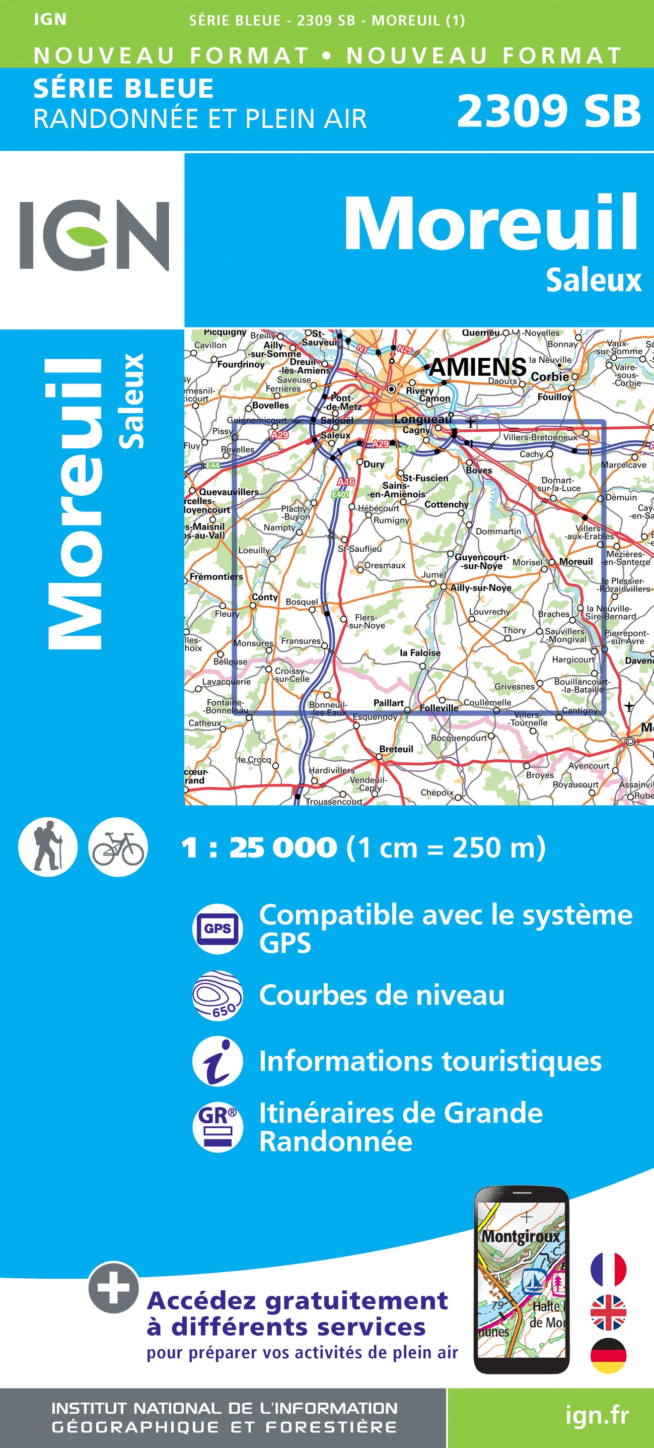 Online bestellen: Wandelkaart - Topografische kaart 2309 SB - Serie Bleue Moreuil - Saleux | IGN - Institut Géographique National