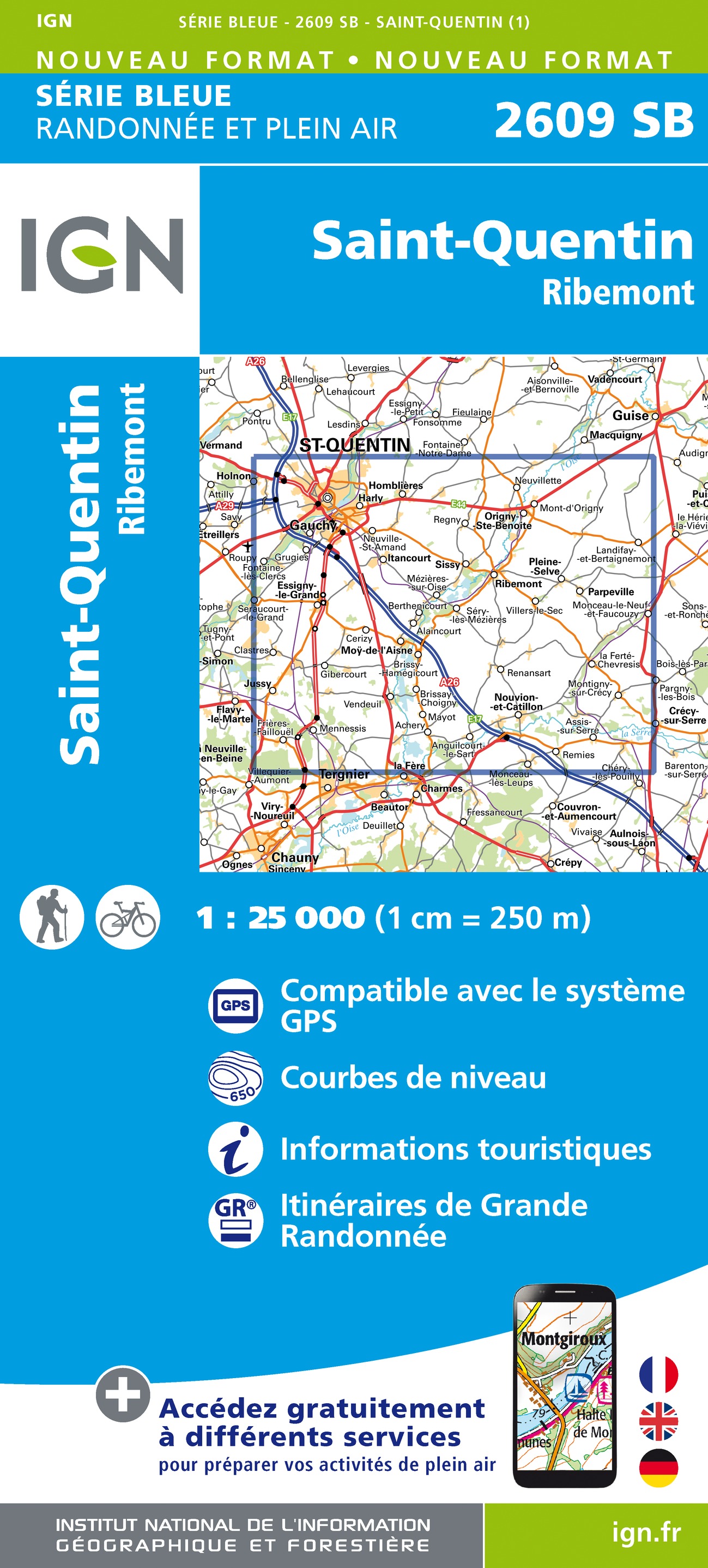 Online bestellen: Wandelkaart - Topografische kaart 2609 SB - Serie Bleue Ribemont - Saint Quentin | IGN - Institut Géographique National