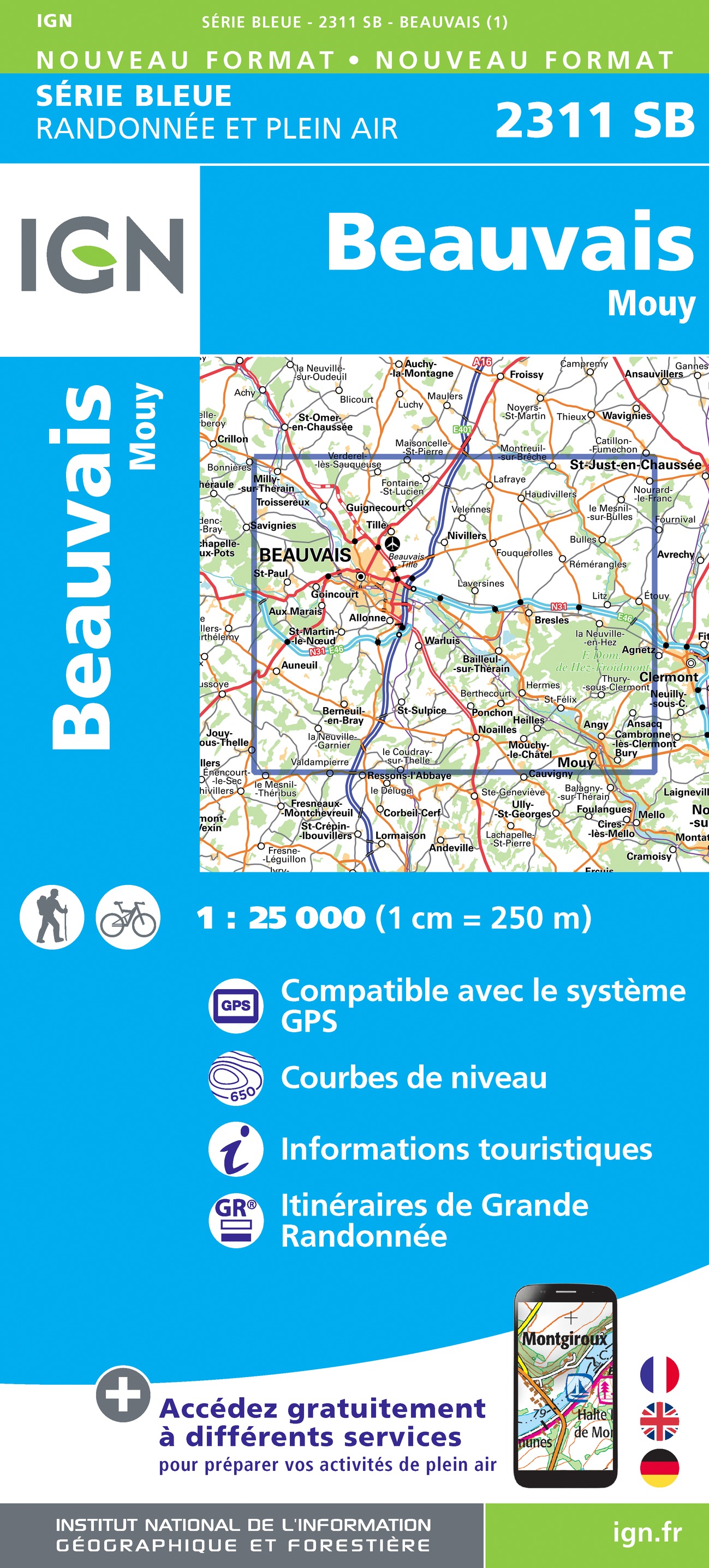 Online bestellen: Wandelkaart - Topografische kaart 2311 SB - Serie Bleue Beauvais - Mouy | IGN - Institut Géographique National