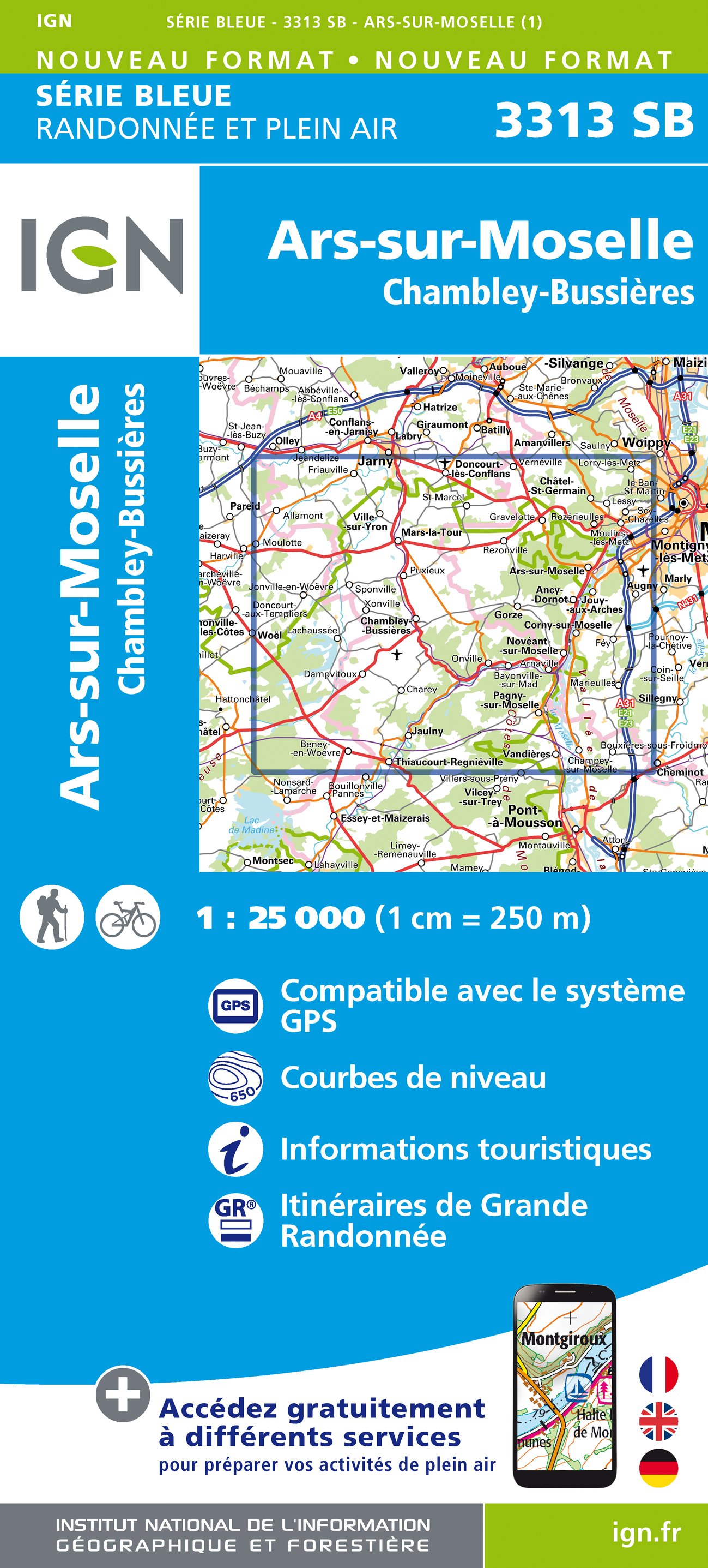 Online bestellen: Wandelkaart - Topografische kaart 3313 SB - Serie Bleue Ars-sur-Moselle | IGN - Institut Géographique National