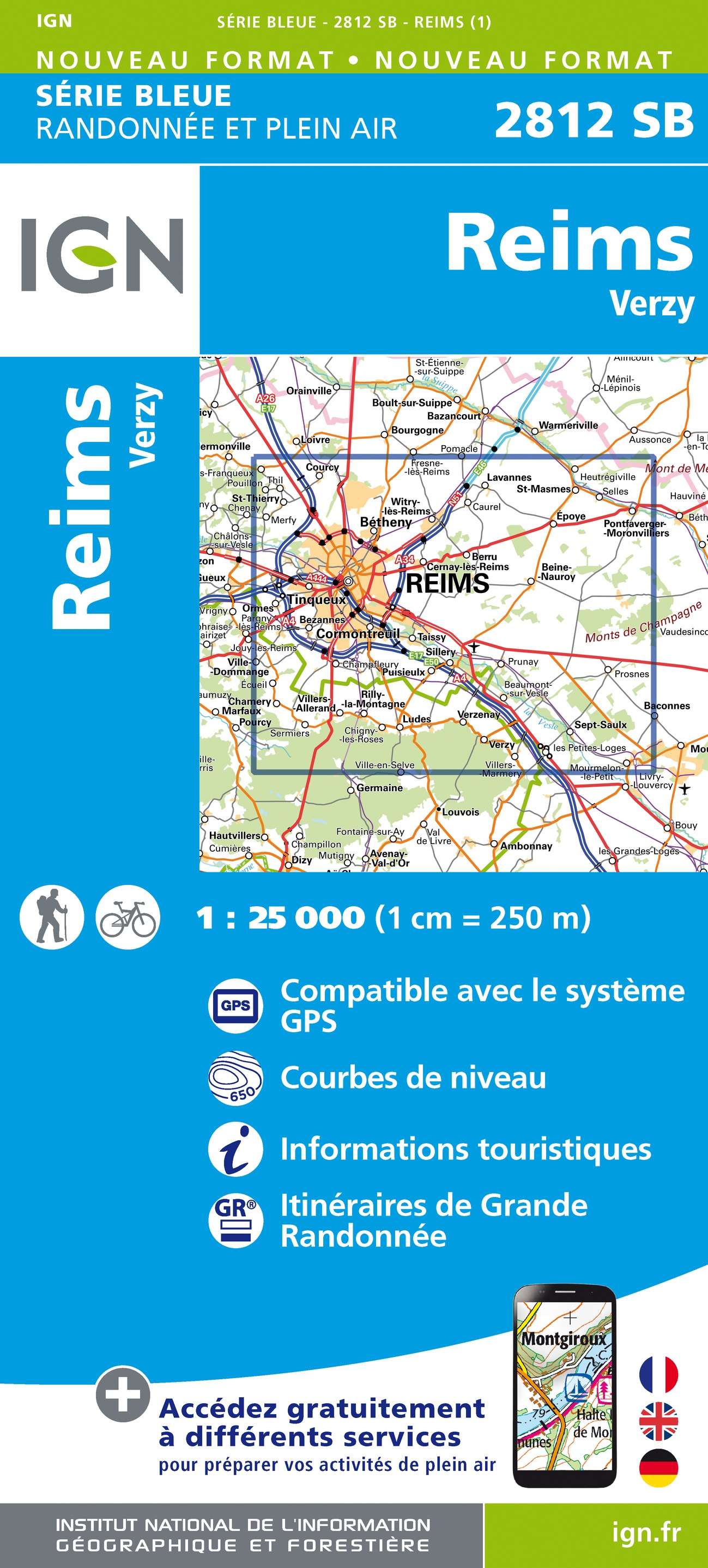 Online bestellen: Wandelkaart - Topografische kaart 2812 SB - Serie Bleue Verzy - Reims | IGN - Institut Géographique National