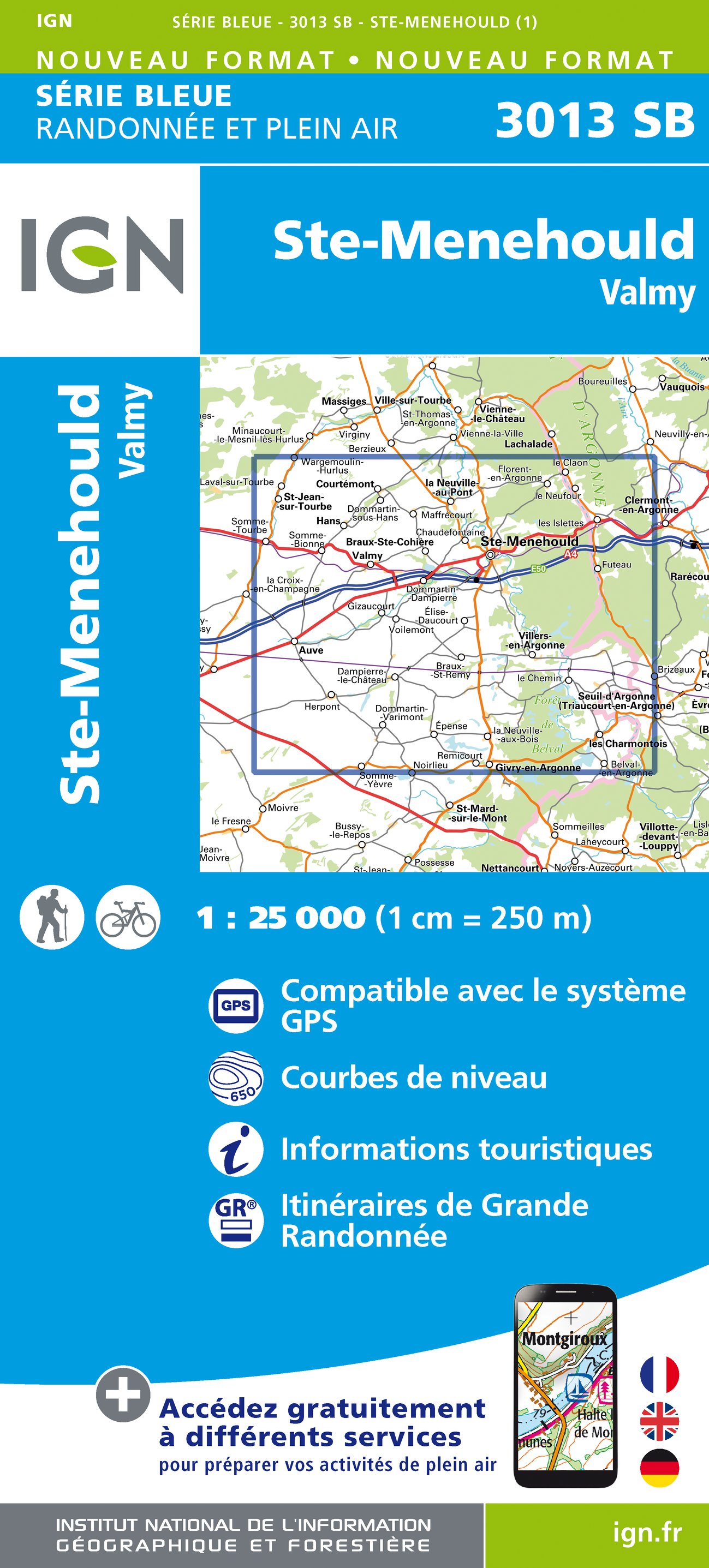 Online bestellen: Wandelkaart - Topografische kaart 3013 SB - Serie Bleue Ste-Menehould | IGN - Institut Géographique National