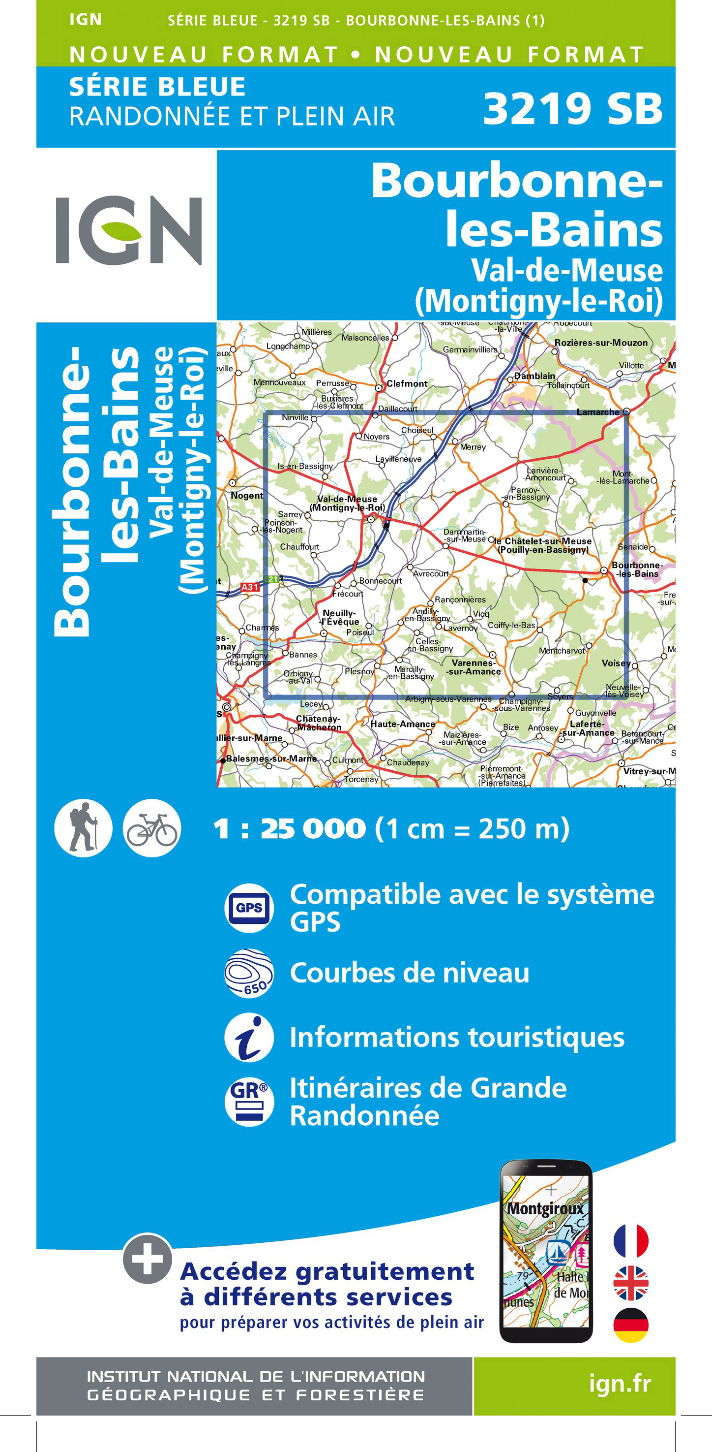 Online bestellen: Wandelkaart - Topografische kaart 3219 SB - Serie Bleue Bourbonne-les-Bains - Val-de-Meuse (Montigny-le-Roi) | IGN - Institut Géographique National