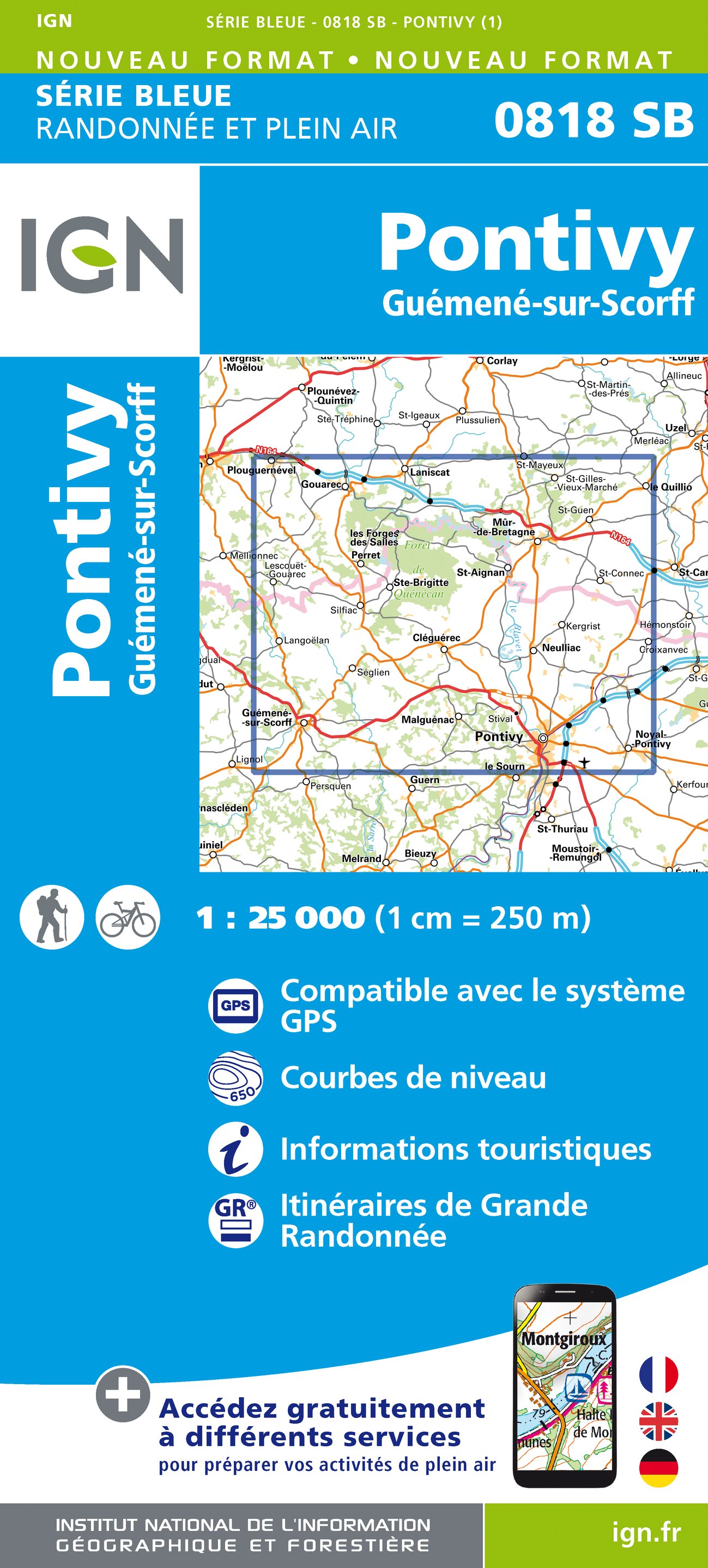 Online bestellen: Wandelkaart - Topografische kaart 818 SB - Serie Bleue Pontivy | IGN - Institut Géographique National