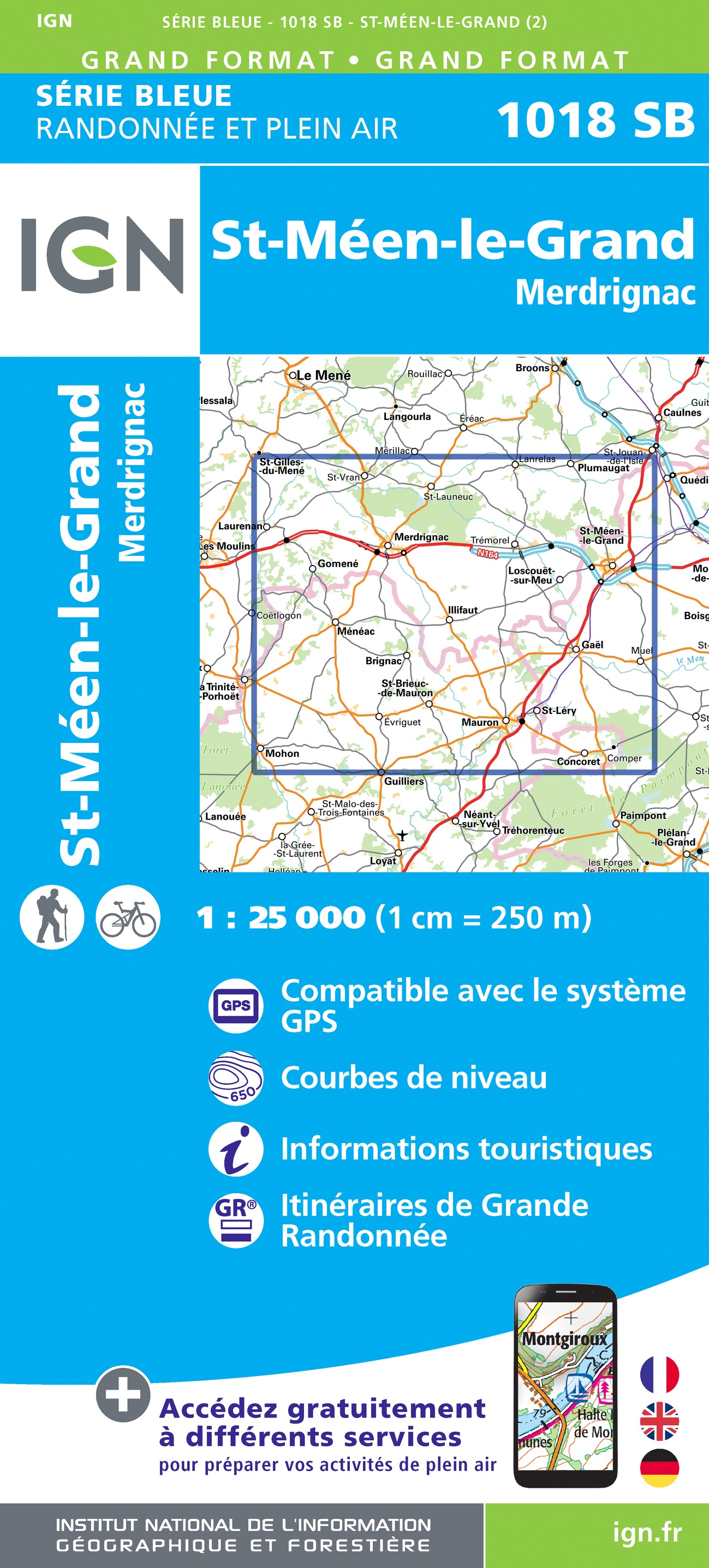 Online bestellen: Wandelkaart - Topografische kaart 1018 SB - Serie Bleue Saint-Méen-le-Grand - Merdrignac | IGN - Institut Géographique National