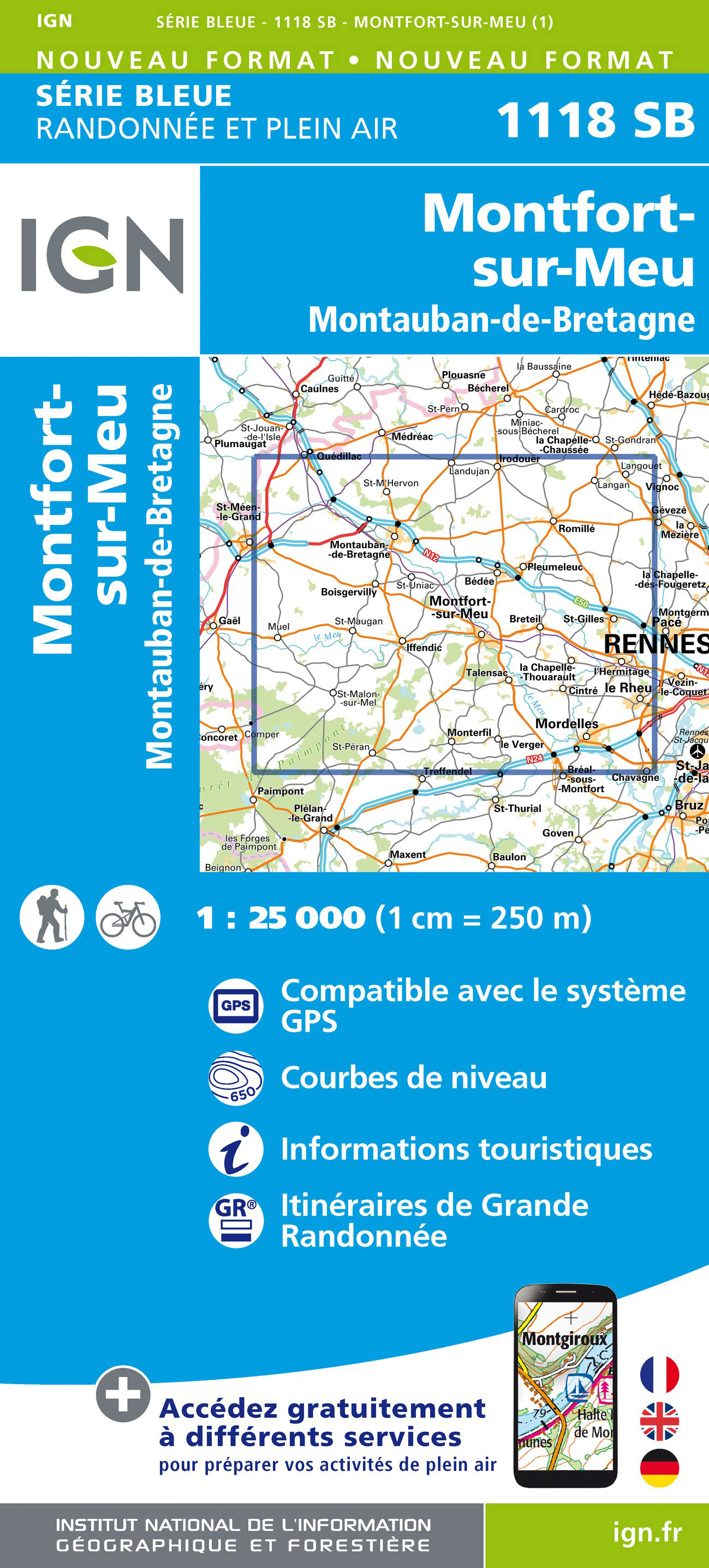 Online bestellen: Wandelkaart - Topografische kaart 1118 SB - Serie Bleue Montfort-sur-Meu - Montauban-de-Bretagne | IGN - Institut Géographique National