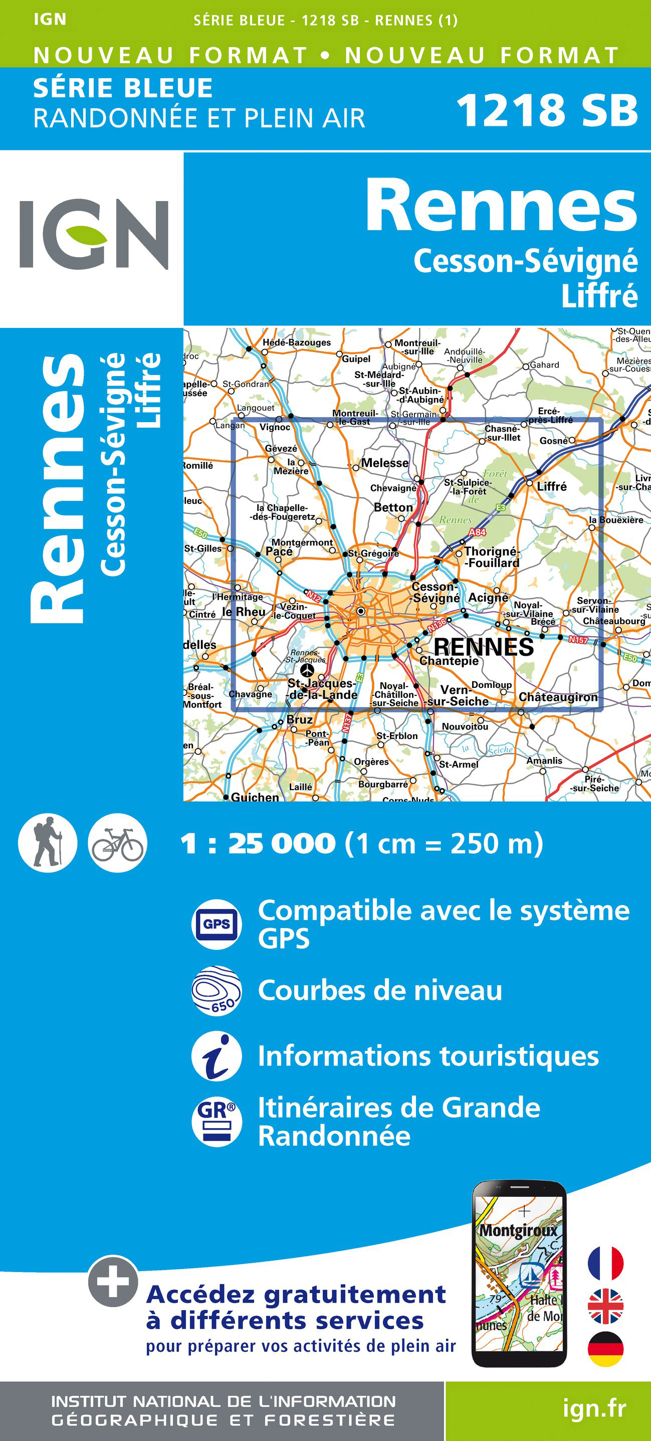 Online bestellen: Wandelkaart - Topografische kaart 1218 SB - Serie Bleue Rennes - Cesson-Sévigné - Liffré | IGN - Institut Géographique National