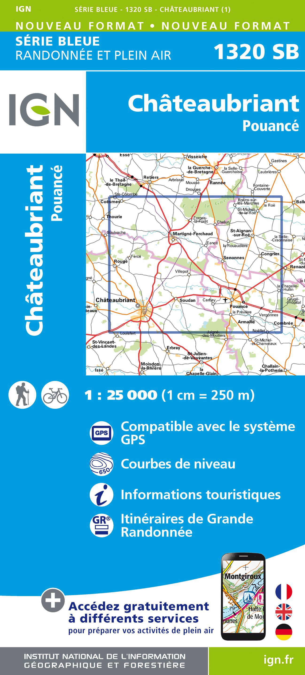 Online bestellen: Wandelkaart - Topografische kaart 1320 SB - Serie Bleue Châteaubriant - Pouancé | IGN - Institut Géographique National