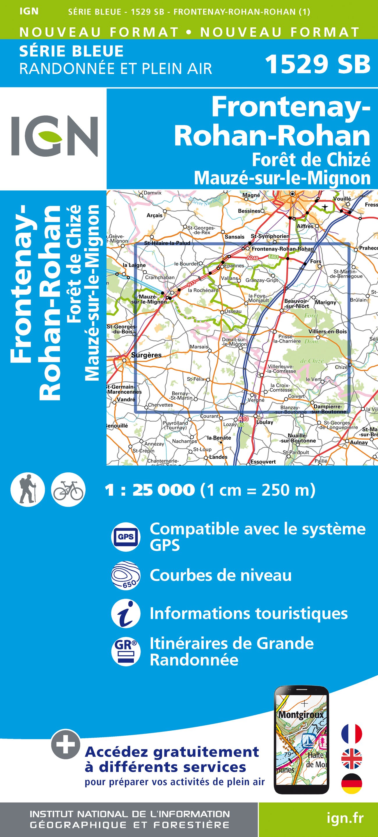 Online bestellen: Wandelkaart - Topografische kaart 1529 SB - Serie Bleue Mauzé-sur-le-Mignon, Frontenay-Rohan, Foret de Chize | IGN - Institut Géographique National