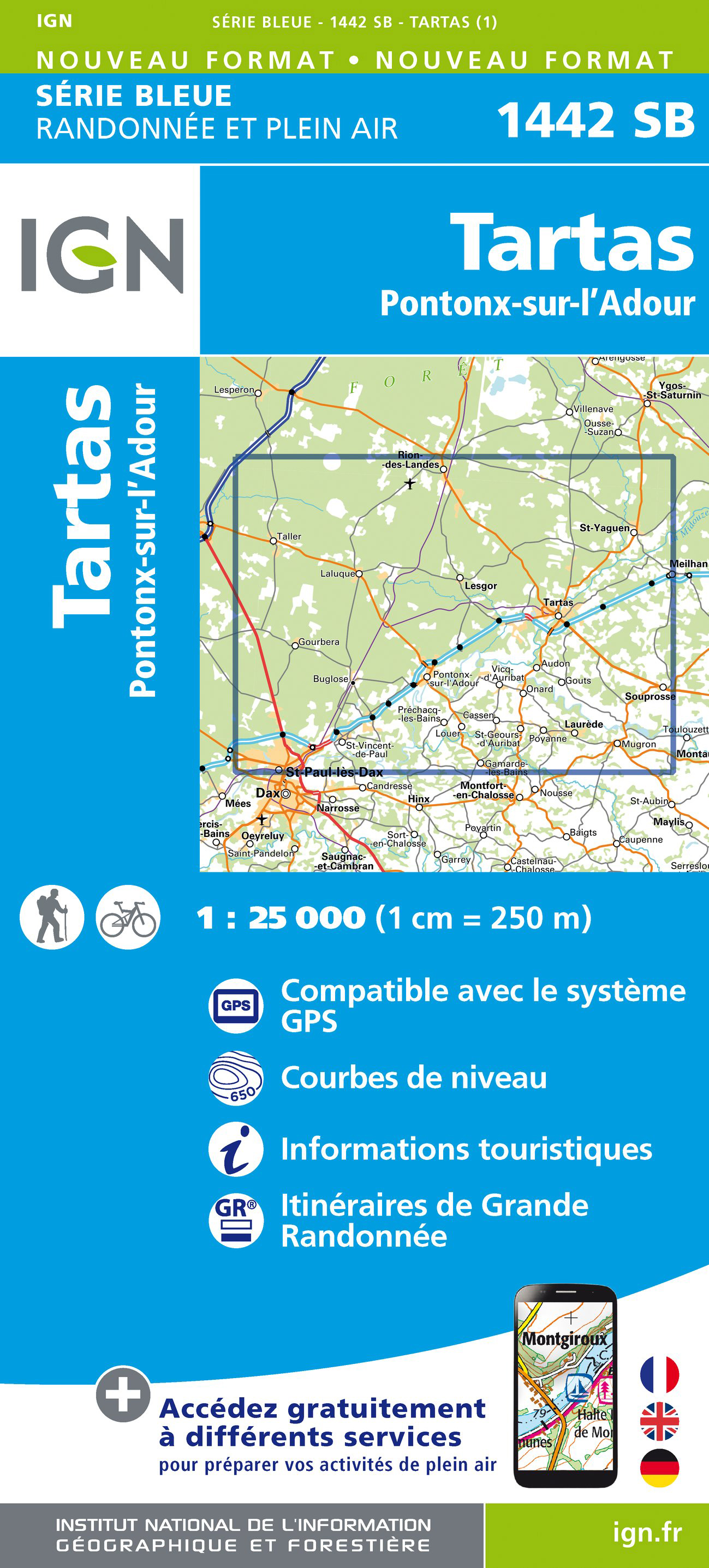 Online bestellen: Wandelkaart - Topografische kaart 1442 SB - Serie Bleue Tartas, Pontonx-sur-l'Adour | IGN - Institut Géographique National