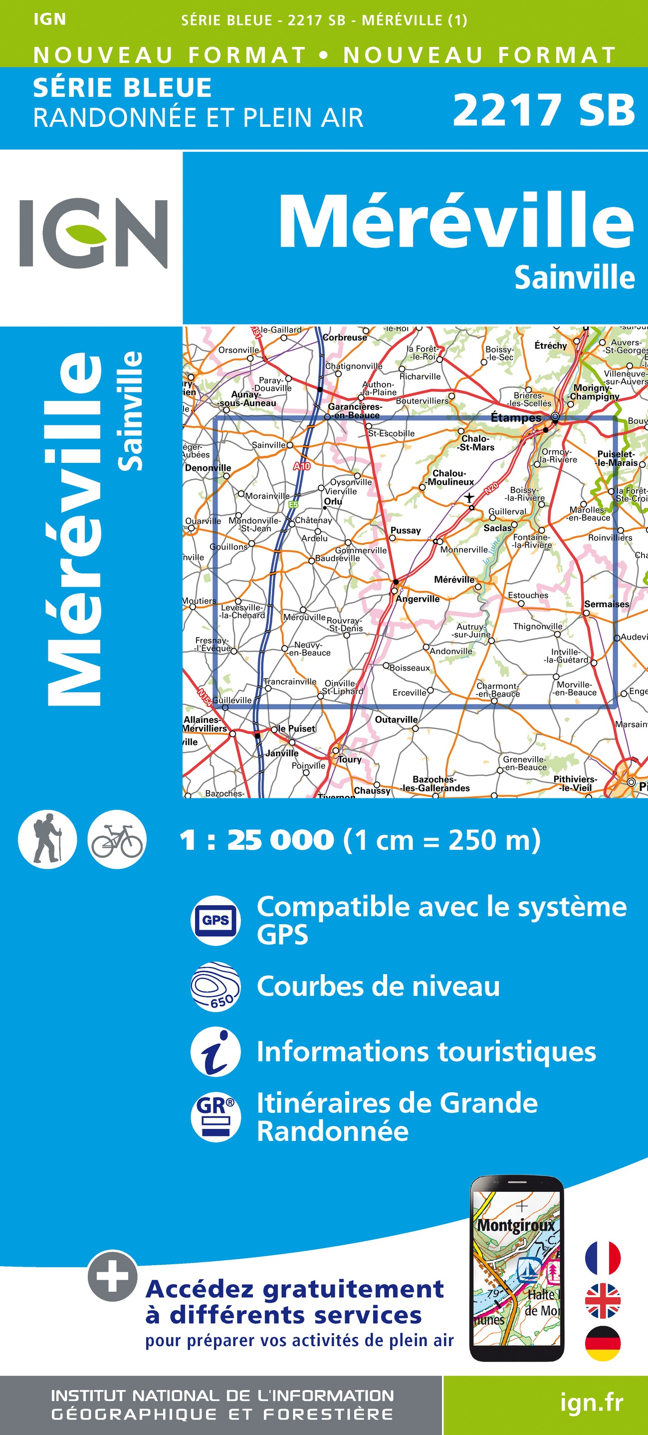 Online bestellen: Wandelkaart - Topografische kaart 2217 SB - Serie Bleue Méréville - Sainville | IGN - Institut Géographique National