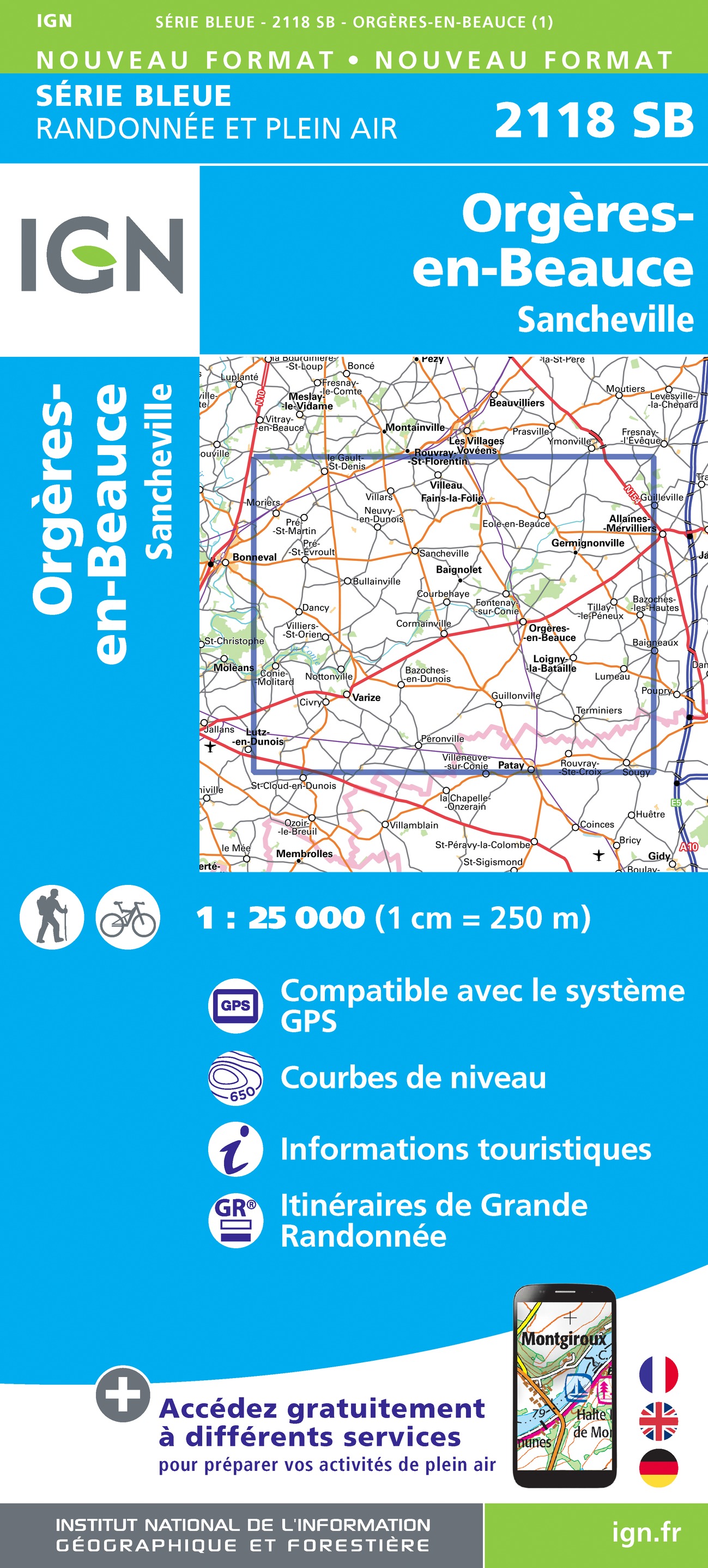 Online bestellen: Wandelkaart - Topografische kaart 2118 SB - Serie Bleue Orgères-en-Beauce, Sancheville | IGN - Institut Géographique National