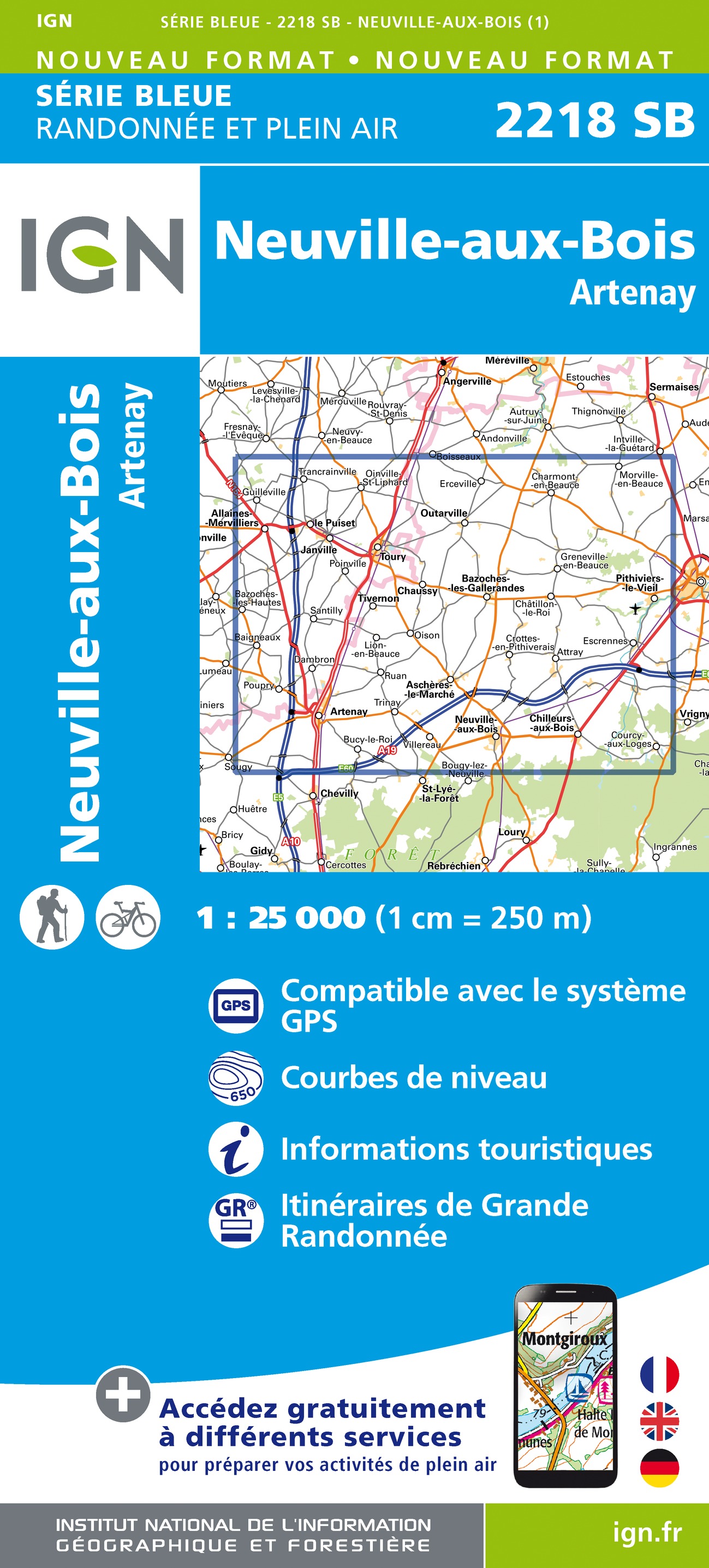 Online bestellen: Wandelkaart - Topografische kaart 2218 SB - Serie Bleue Pithiviers, Neuville-aux-Bois, Artenay | IGN - Institut Géographique National