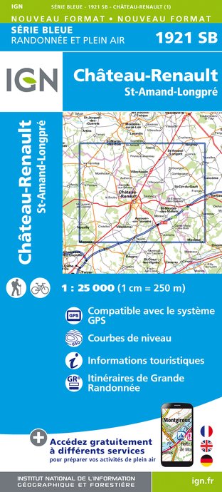 Online bestellen: Wandelkaart - Topografische kaart 1921SB Château-Renault, St-Amand-Longpré | IGN - Institut Géographique National