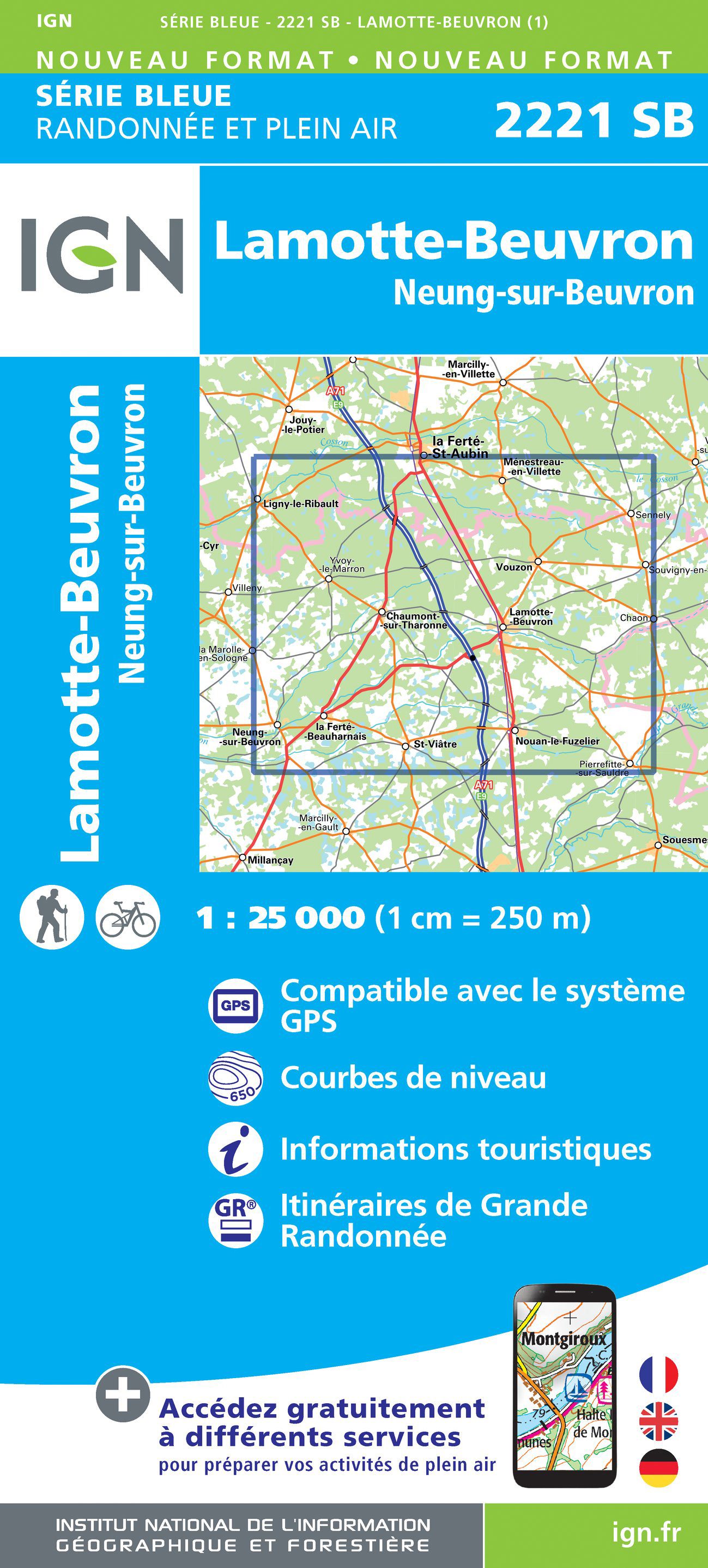 Online bestellen: Wandelkaart - Topografische kaart 2221 SB - Serie Bleue Lamotte-Beuvron | IGN - Institut Géographique National