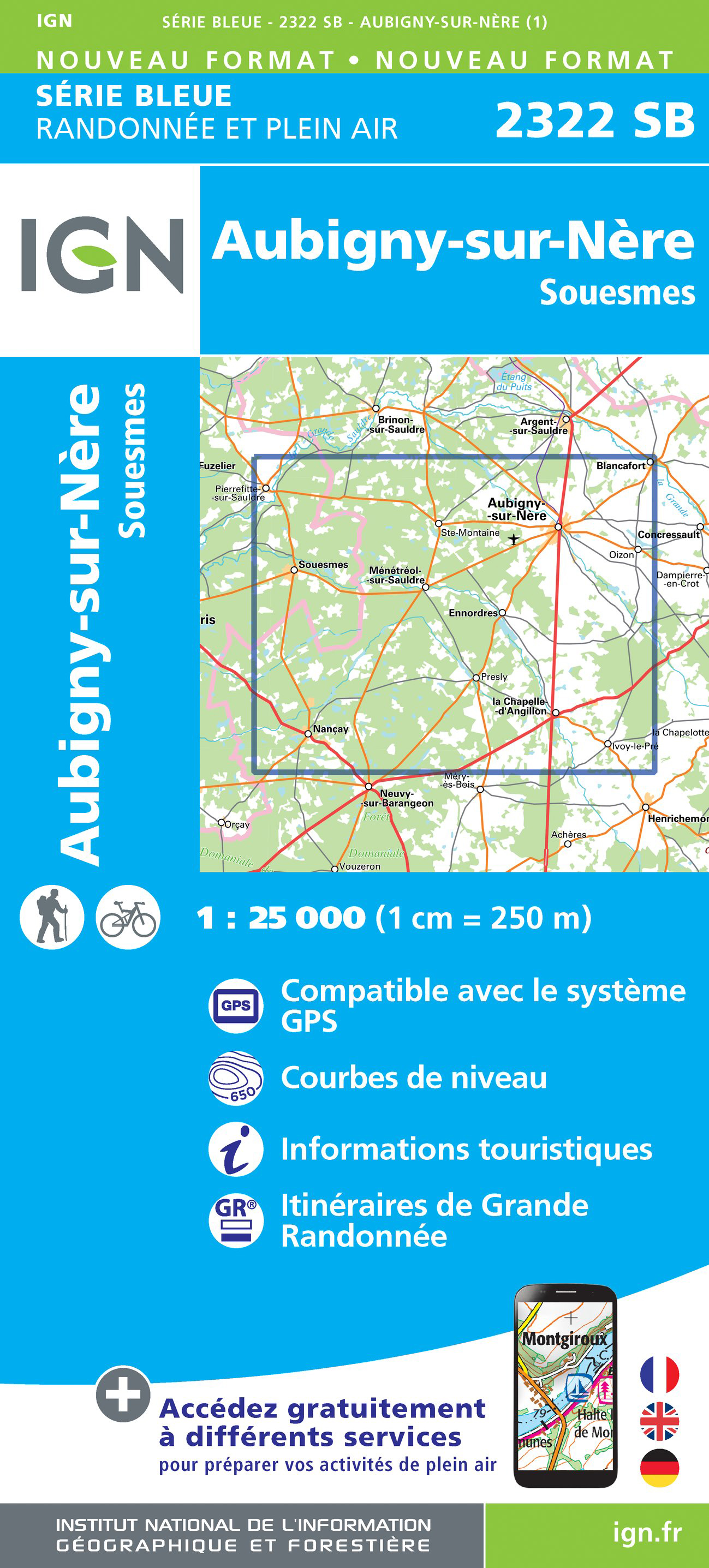 Online bestellen: Topografische kaart - Wandelkaart 2322 SB - Serie Bleue Aubigny-sur-Nère | IGN - Institut Géographique National