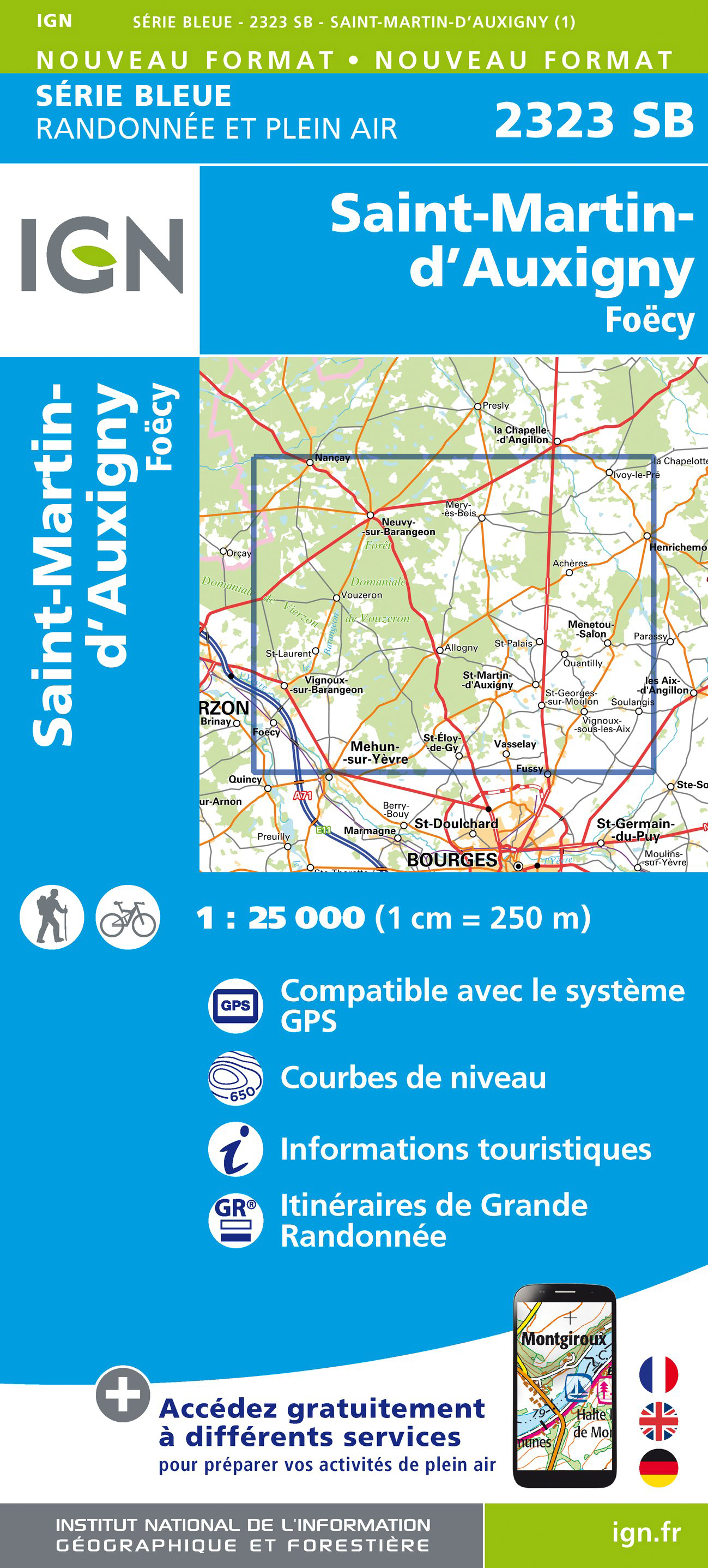 Online bestellen: Wandelkaart - Topografische kaart 2323 SB - Serie Bleue St-Martin-d'Auxigny, Foëcy | IGN - Institut Géographique National