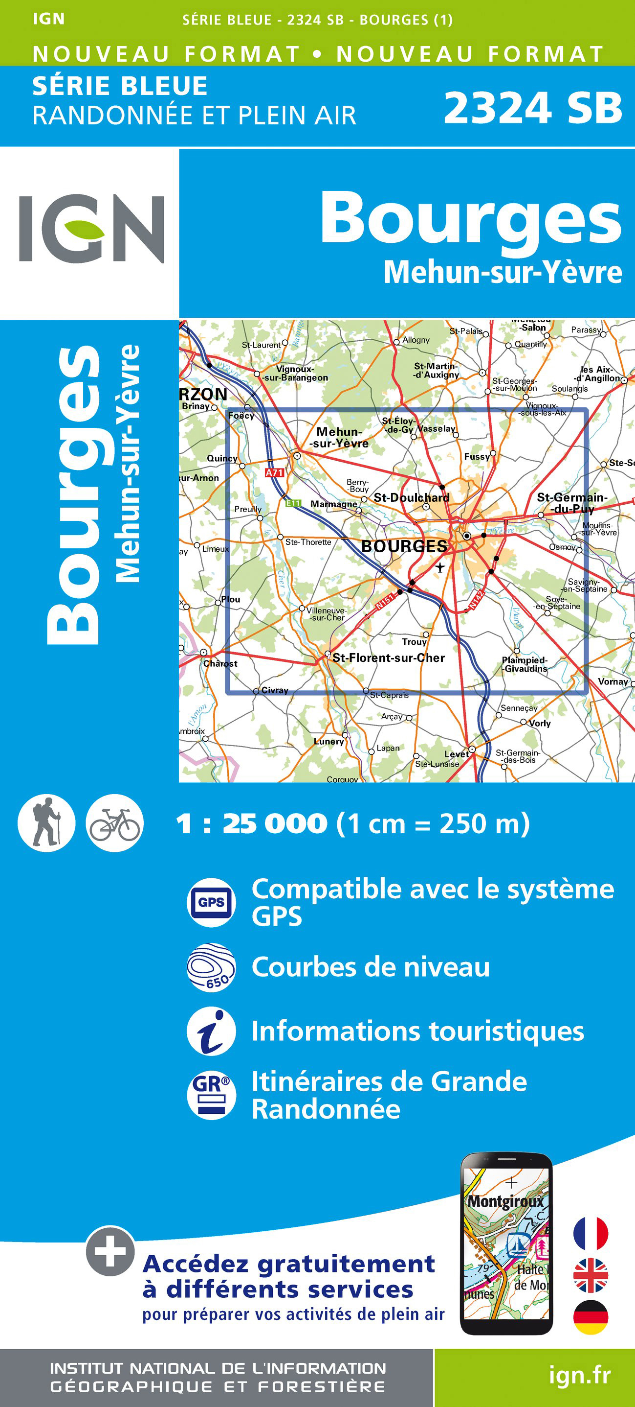 Online bestellen: Wandelkaart - Topografische kaart 2324 SB - Serie Bleue Bourges, Mehun-sur-Yèvre | IGN - Institut Géographique National