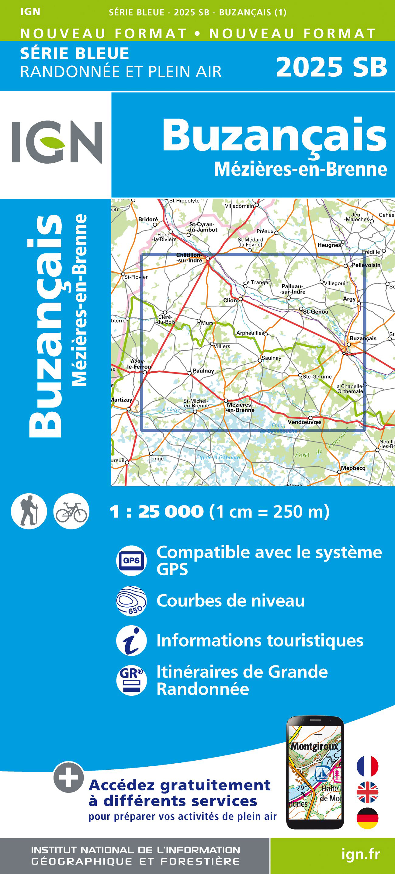 Online bestellen: Wandelkaart - Topografische kaart 2025 SB - Serie Bleue Buzançais, Mézières-en-Brenne | IGN - Institut Géographique National