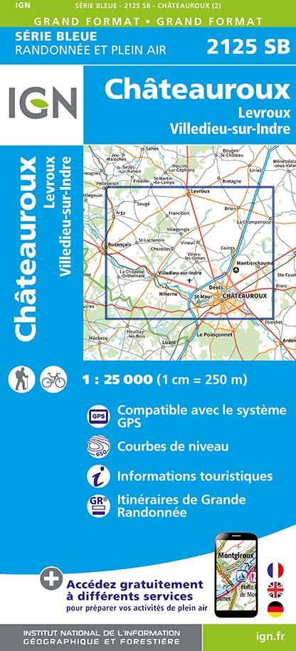 Online bestellen: Wandelkaart - Topografische kaart 2125 SB - Serie Bleue Châteauroux, Levroux, Villedieu-sur-Indre | IGN - Institut Géographique National