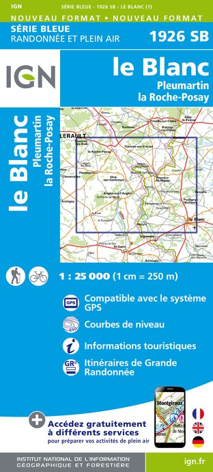 Online bestellen: Wandelkaart - Topografische kaart 1926SB Le Blanc, Pleumartin, La Roche-Posay | IGN - Institut Géographique National